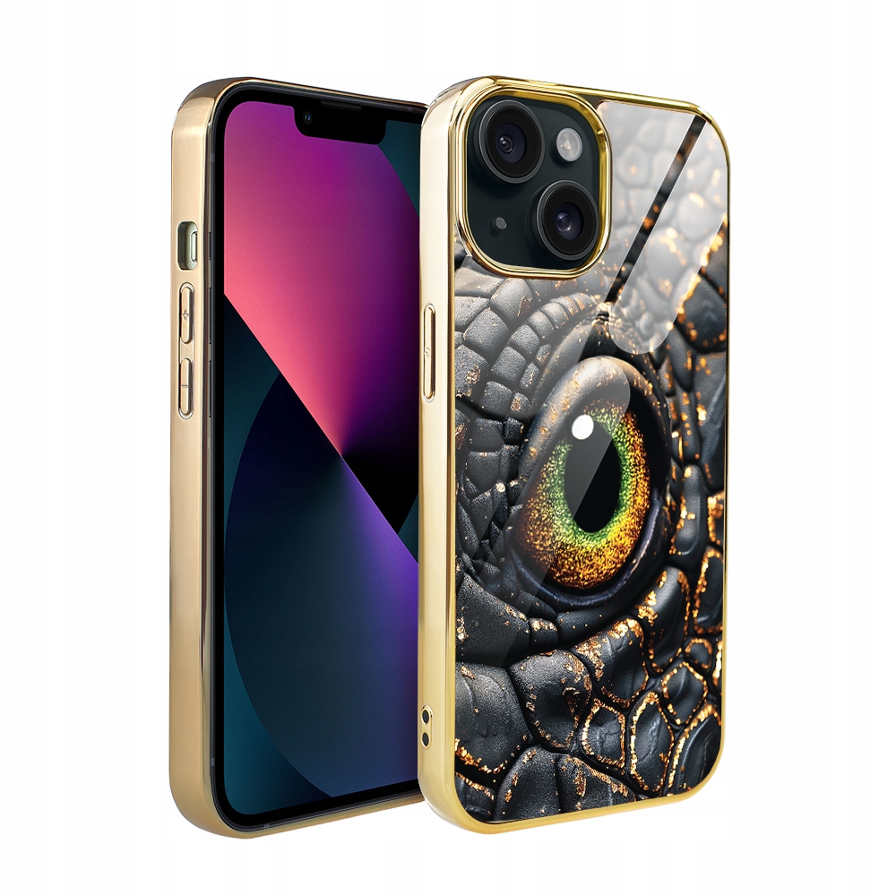 Pouzdro pro iPhone 13 Ibizu Elite Glass, skleněná zadní strana, amber dragon, zlaté