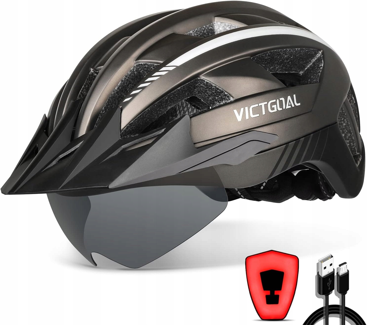 Victgoal VG112 kask rowerowy Mtb z blendą Led, rozmiar M 54–58 cm Tytan