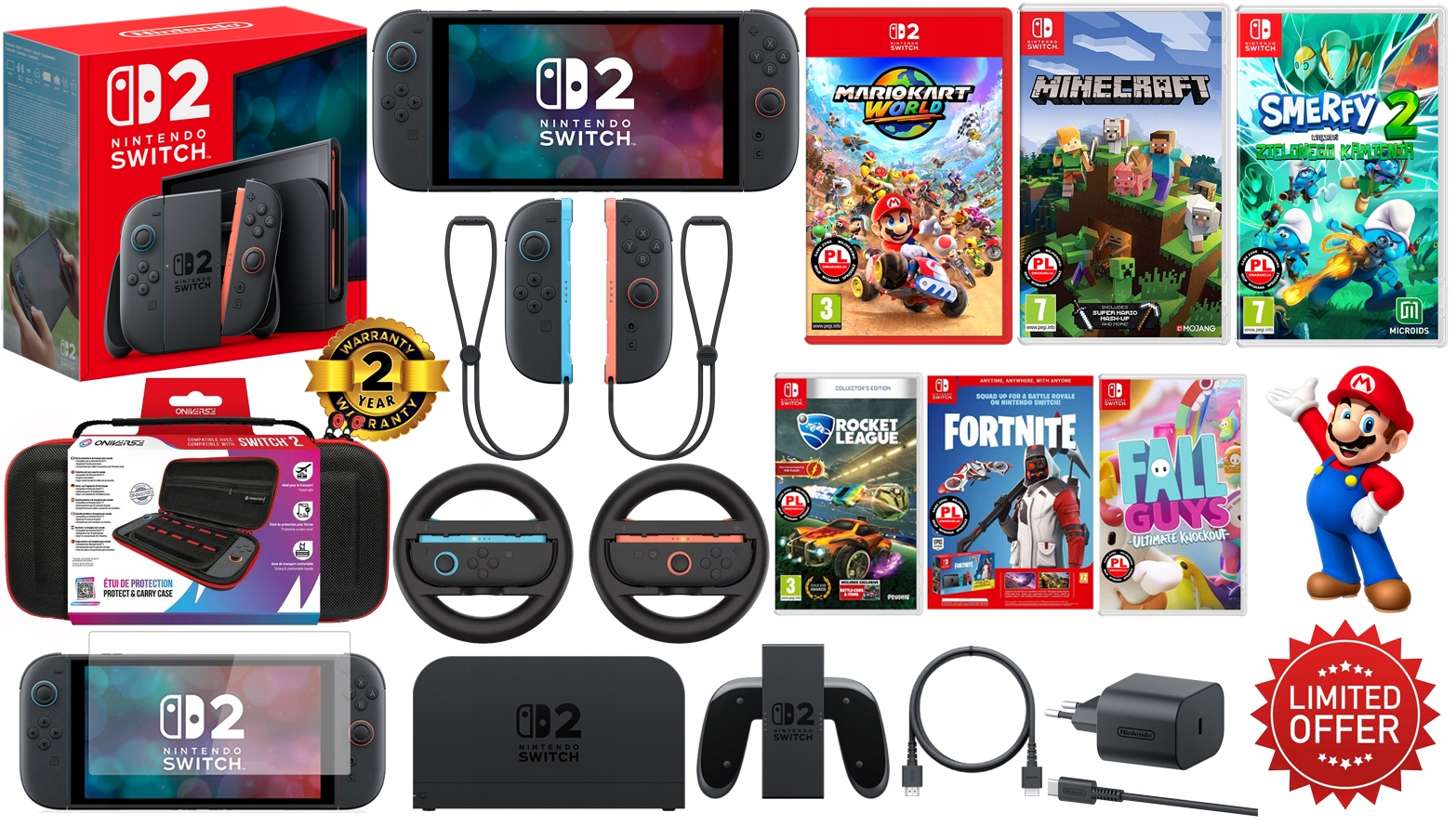 Nintendo Switch 2 +256GB gry Pl etui szkło 2 kierownice 2 lata Gw