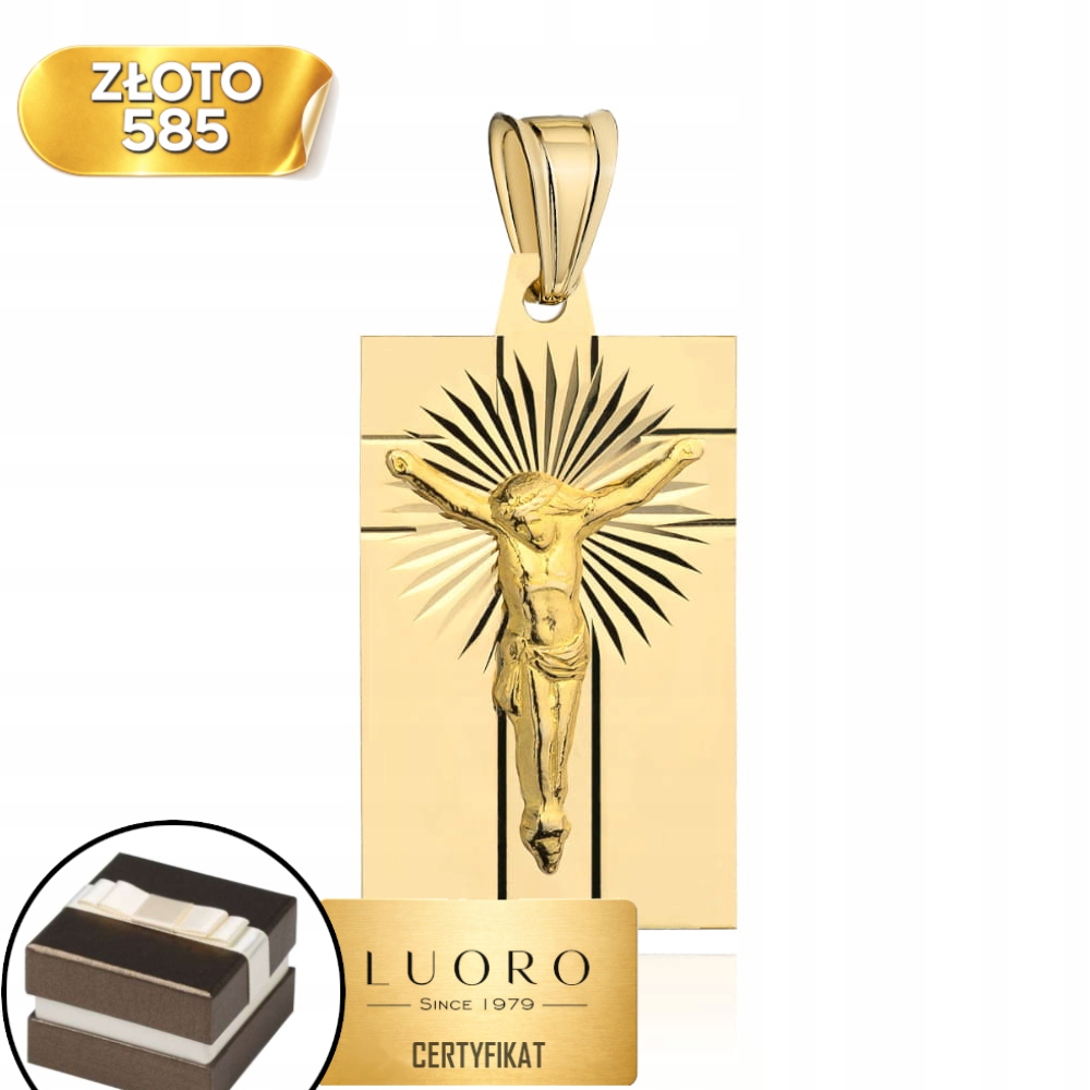 Zlatý Medailon 585 14K Ukřižovaný Ježíš Paprsky Obdélníkový 2,6 CM