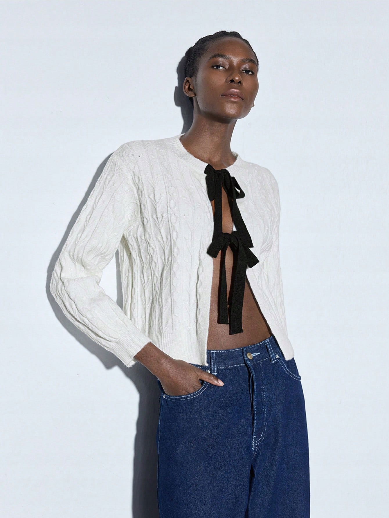 Svetr Pletený Kardigan Se Zavazováním Vpředu Bílý Casual Shein M 38