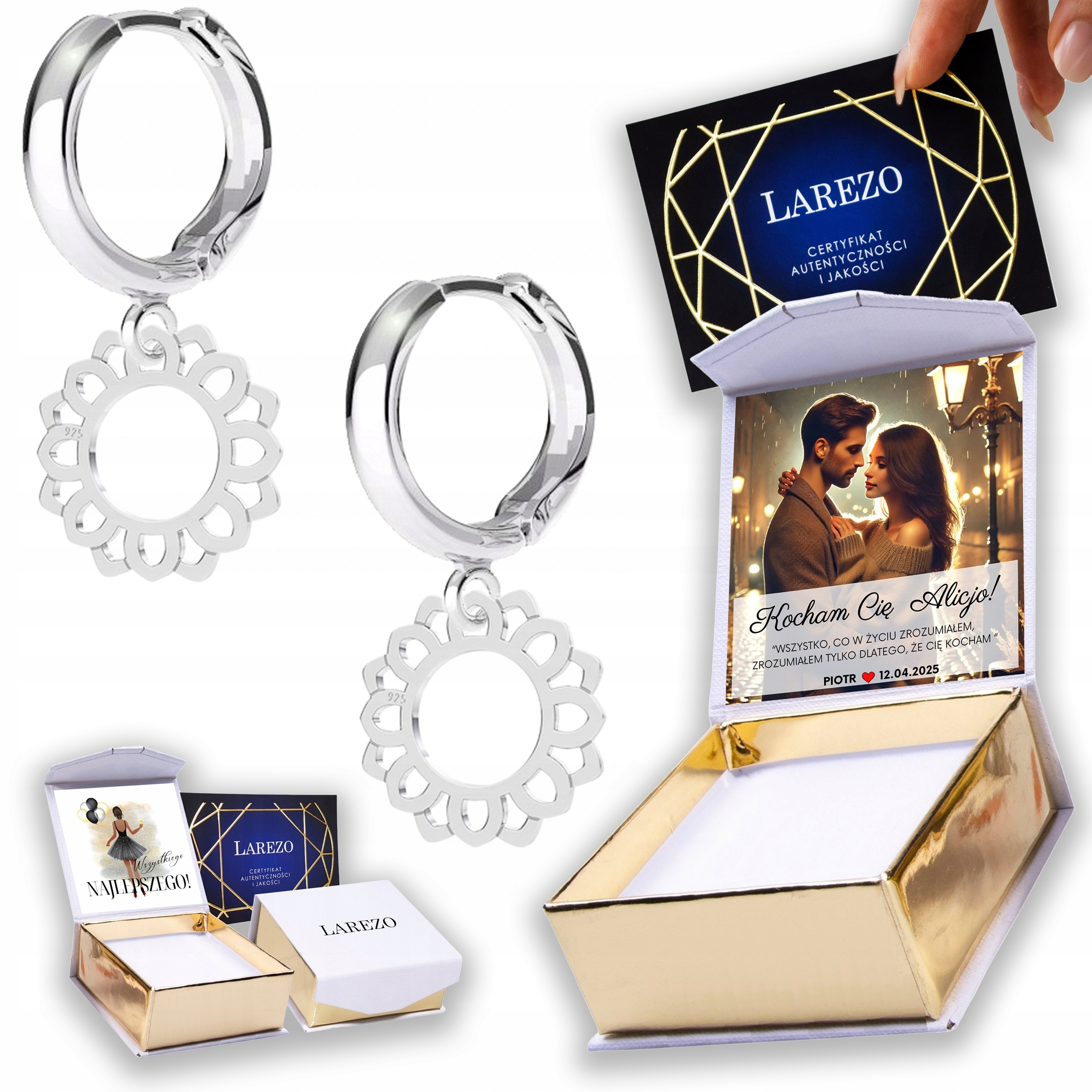 Stříbrné Náušnice 925 Rozeta Ažur Plech Květina Potisk