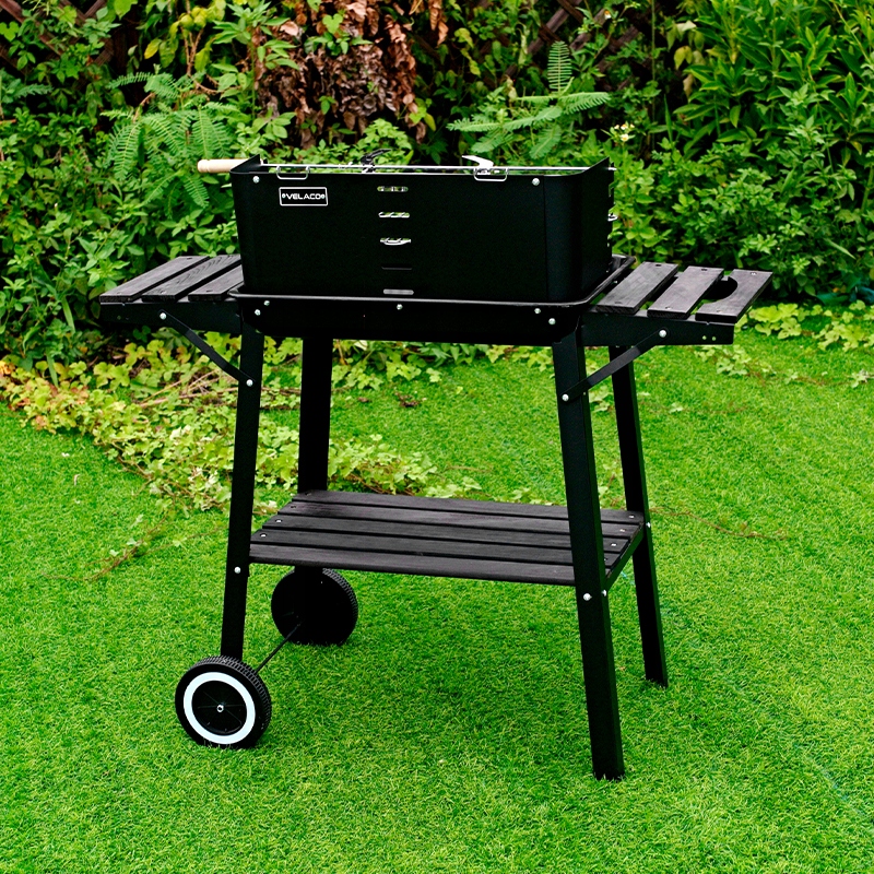 GRILL OGRODOWY WĘGLOWY Z OSŁONĄ I PÓŁKAMI VL06 CZARNY Stan opakowania oryginalne