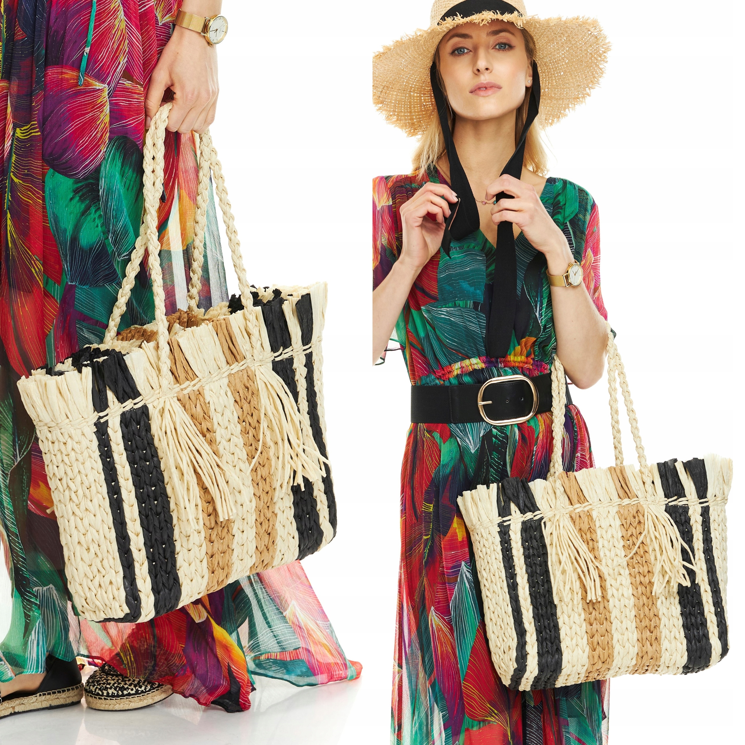 

Torba Słomiana Słomiany Koszyk Kosz Boho frędzle