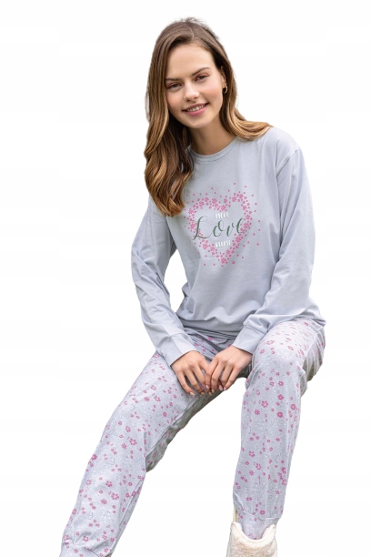 Šedé Pyžamo Růžové Srdce More Love Please Květinové Kalhoty Bavlna L
