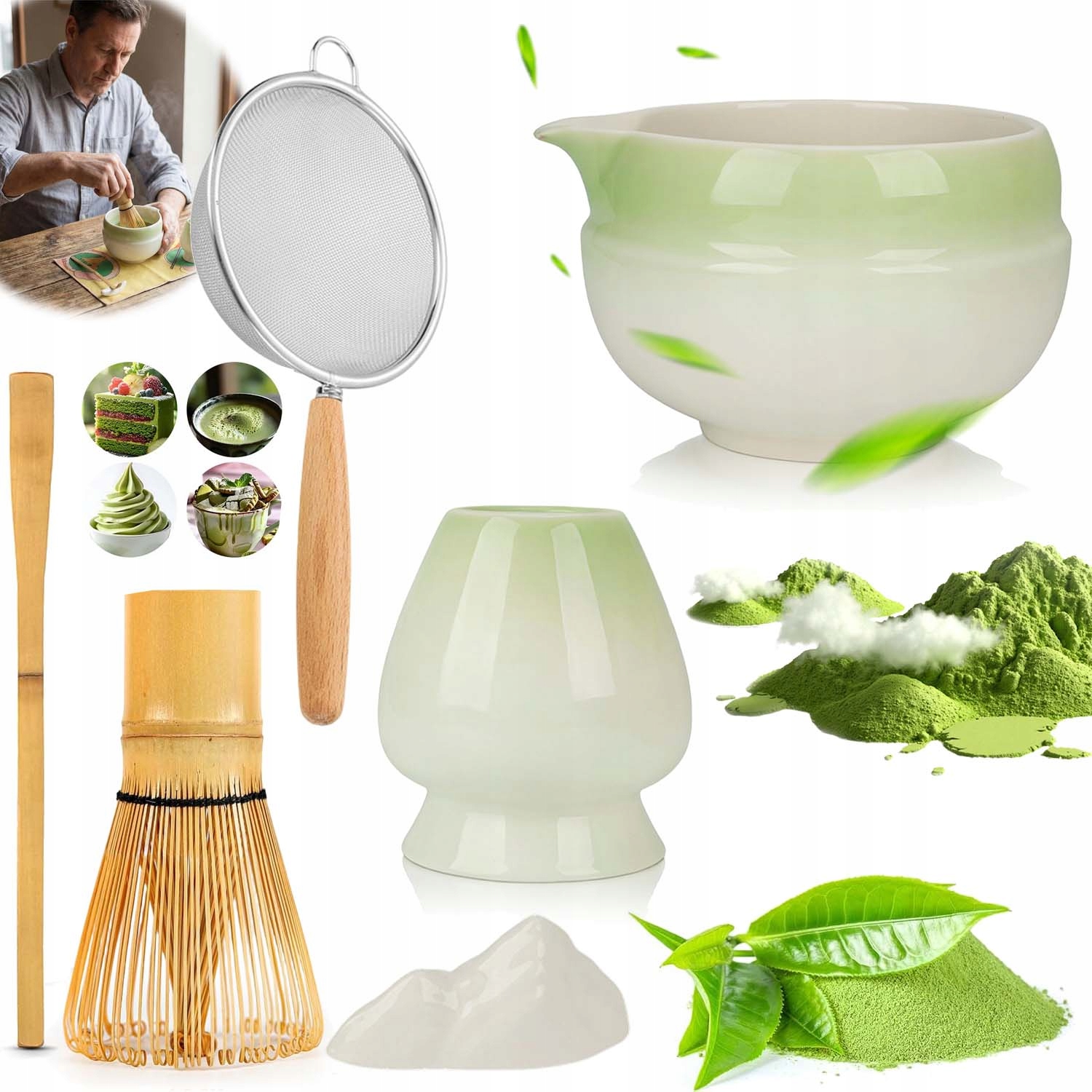 Ceramiczny Zestaw Do Matchy 7W1 Czarka Miotełka Łyżeczka Do Herbaty Matcha