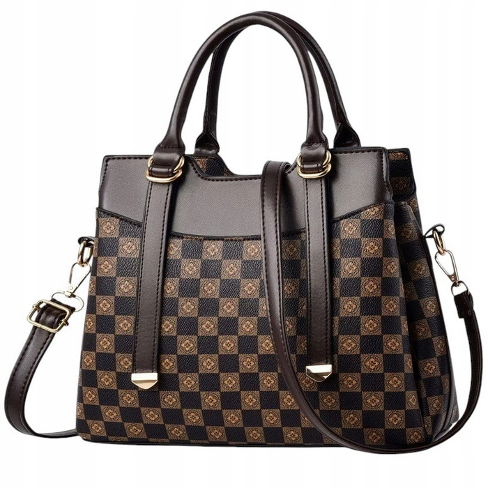 Torebka Damska Brązowa Kratka do Pracy Na ramię Pojemna na Zamek