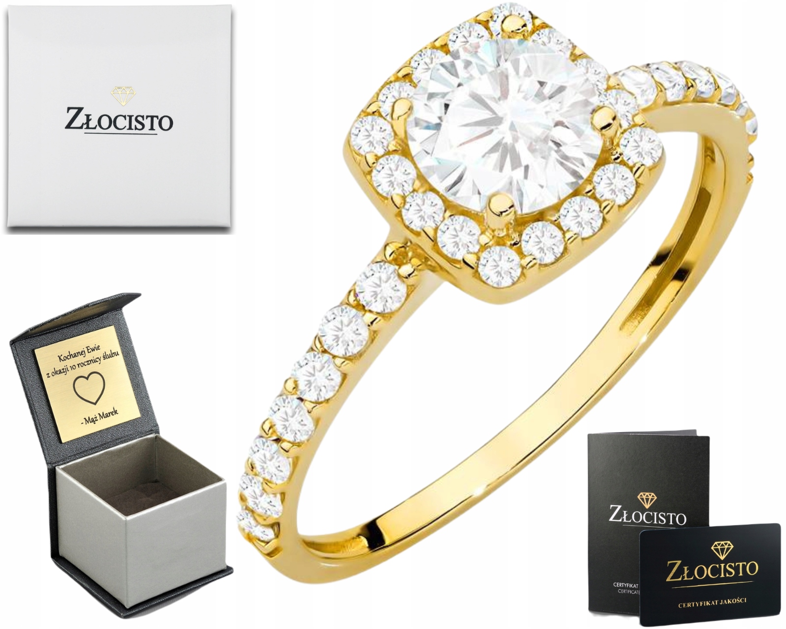 Prstýnek Prsten S Centrálním Zirkon V Čtvercovém Gravírování Dárek 585