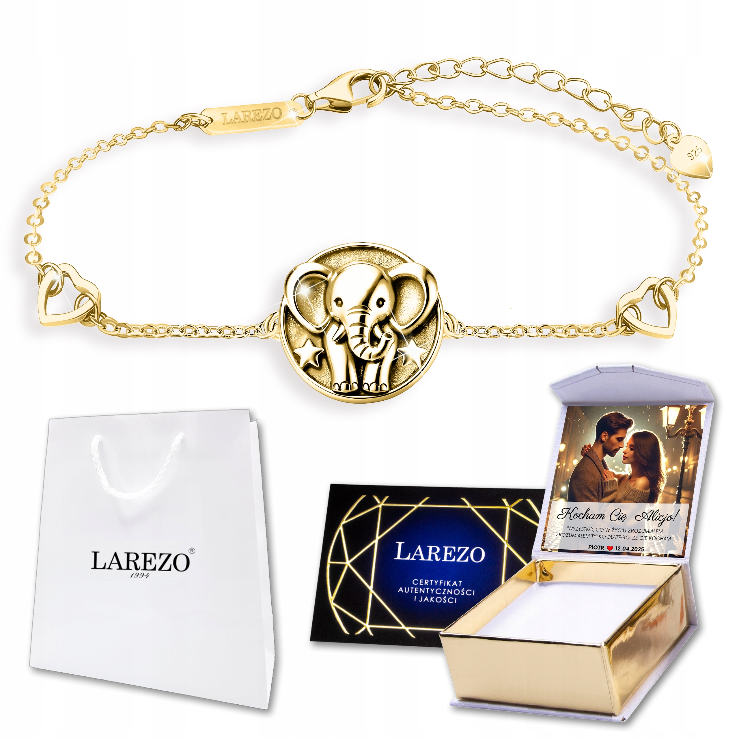 Zlatý náramek 925 Kolečko se slonem Srdce Hvězdy Slon Slon Potisk