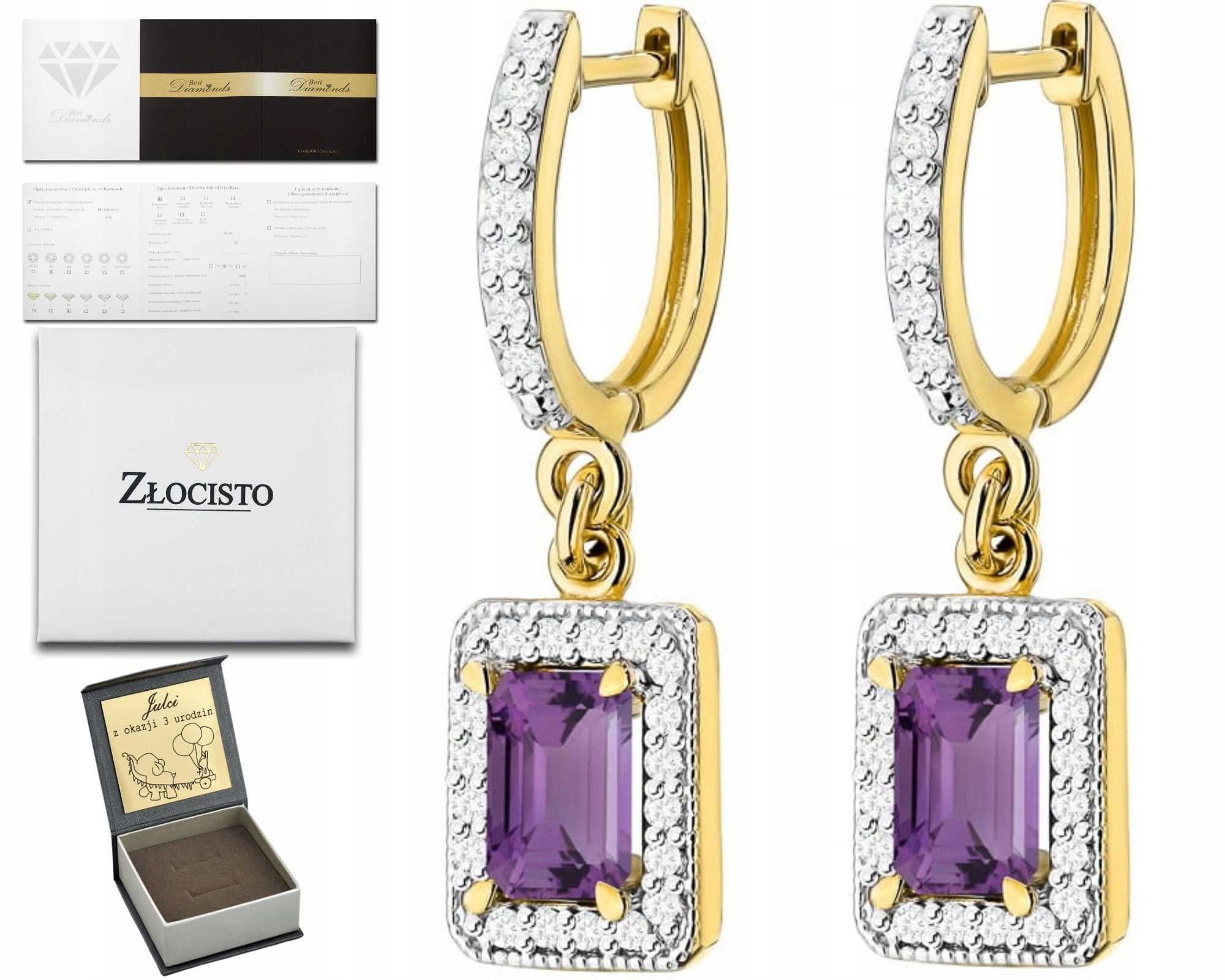 Zlaté Náušnice S Diamanty A Ametystem 585, Závěsný Dárek Pro Ženu