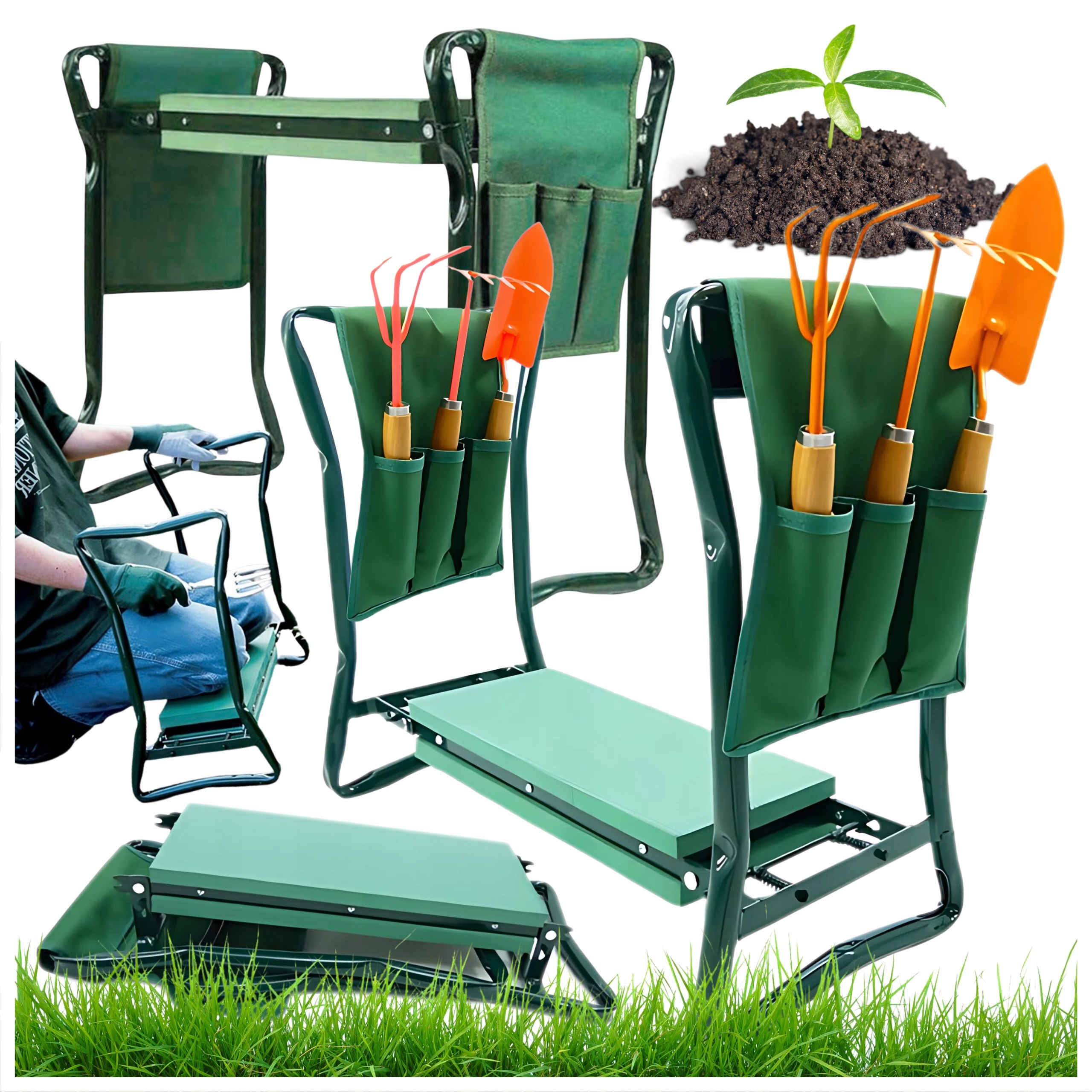 Zahradní Stolička 3V1 Skládací Klekátko Židle 2 Organizéry Nářadí