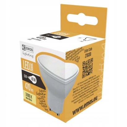 

Żarówka Led 5,8W-40W GU10 ciepła biel 470lm Emos Z