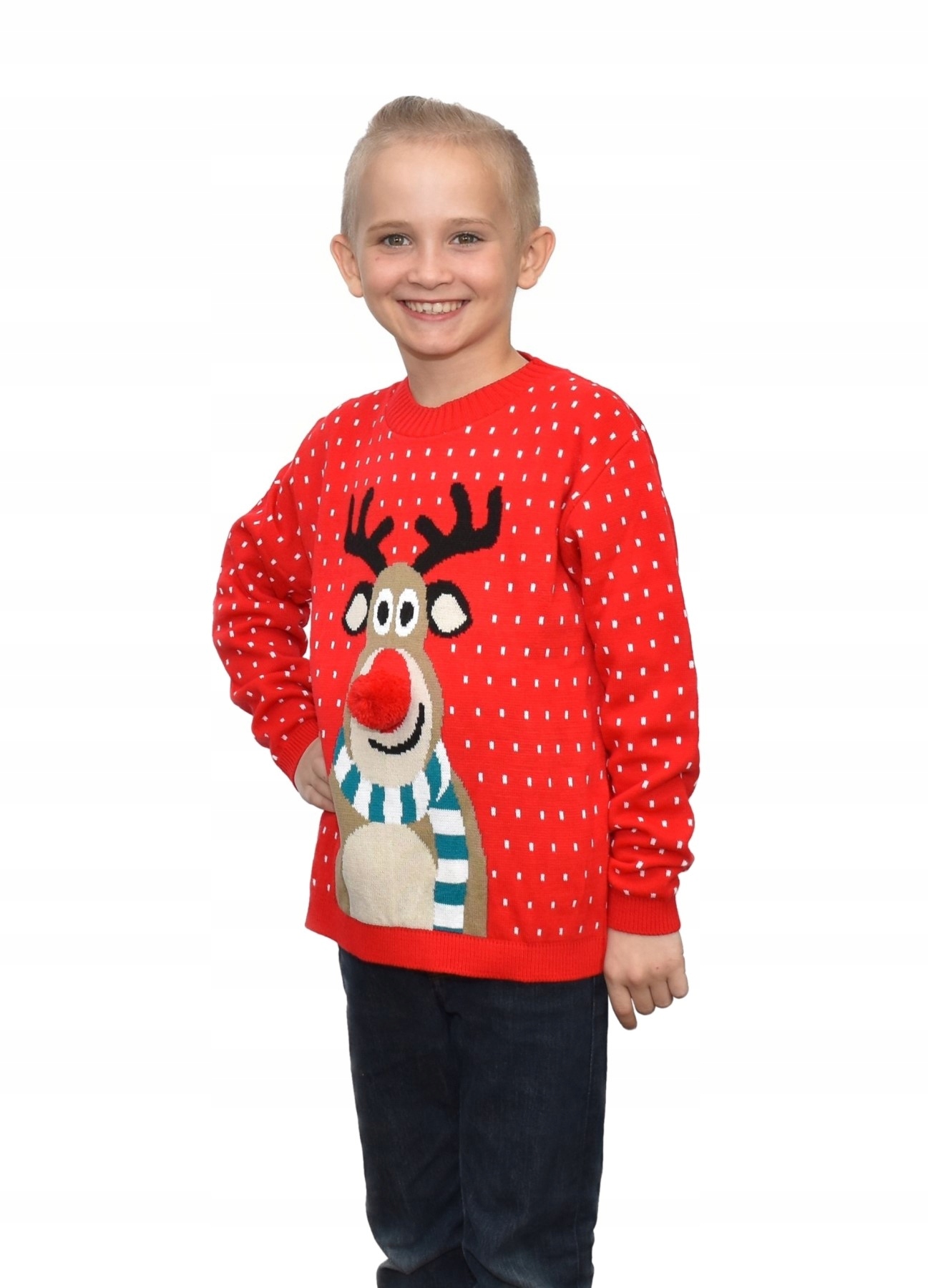 DZIECIĘCY SWETER ŚWIĄTECZNY RENIFER RUDOLF pompon czerwony ciepły 6/7 Rodzaj wkładany przez głowę