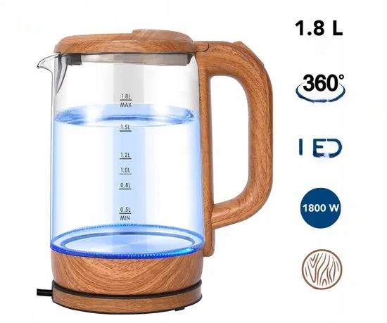 

Czajnik Elektryczny Podświetlany Led Drewno Szkło