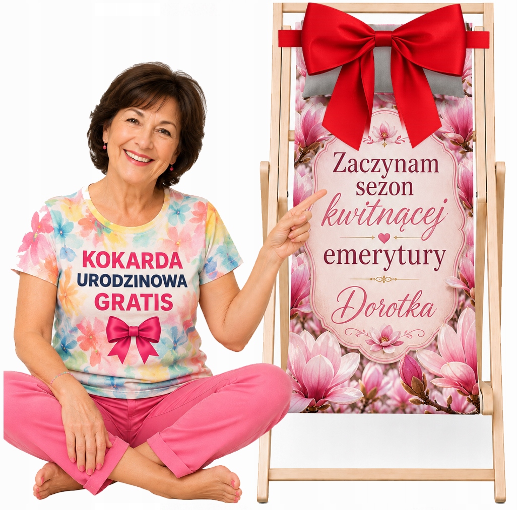 Leżak dla emerytki personalizowany kokarda wybór nadruku imię