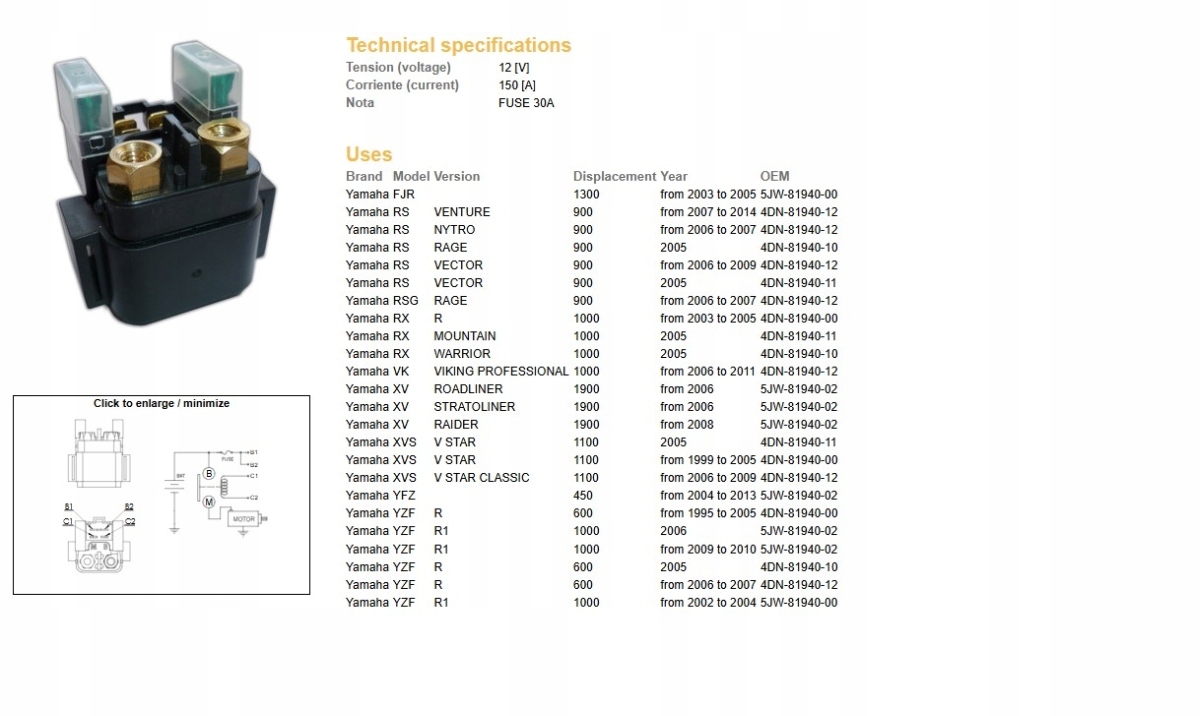 Dze Przekaźnik Rozrusznika Yamaha XV 1900 '06-; Xvs 1100 99-09; Yfz 450 04-
