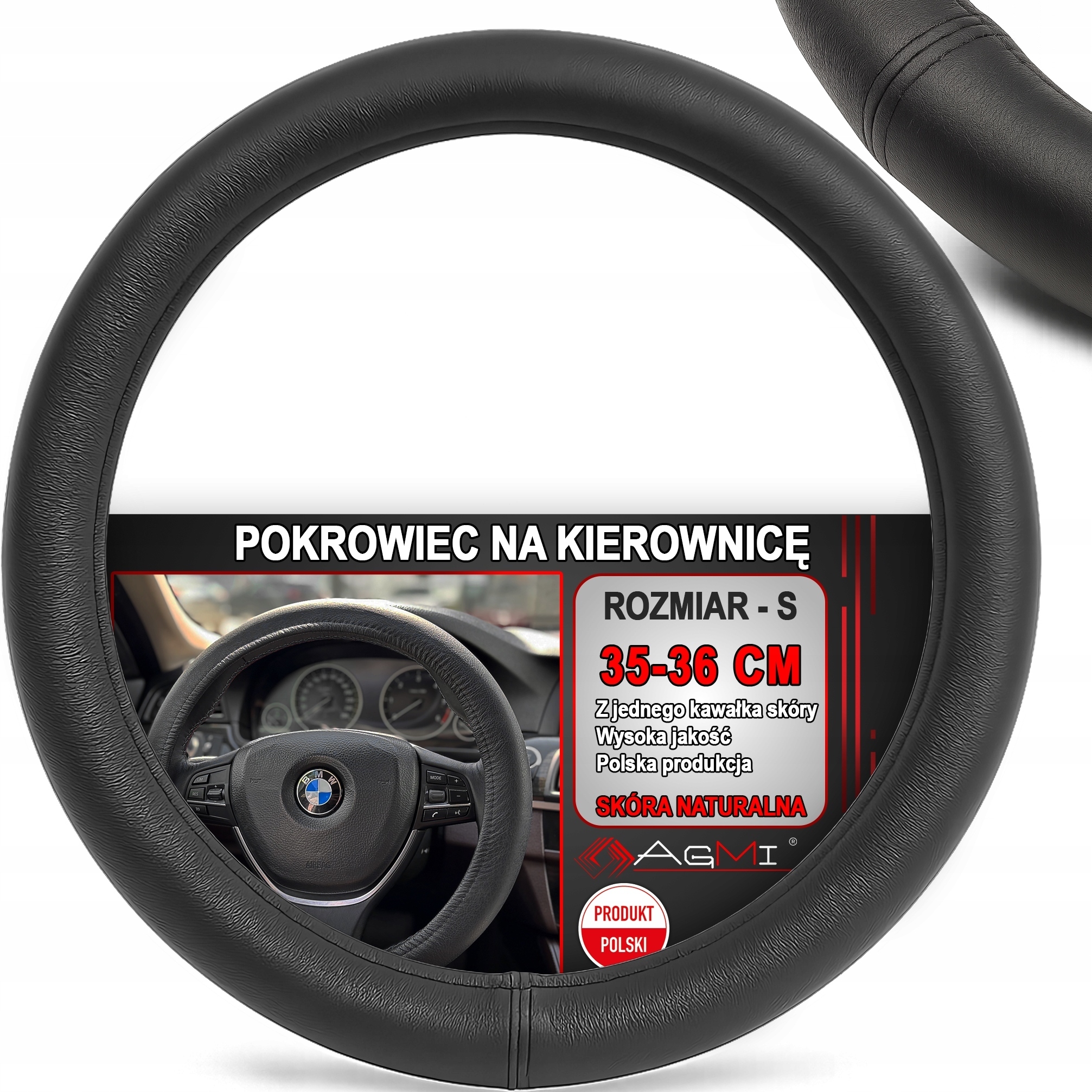 Nakładka Na Kierownicę Skórzana Pokrowiec Czarna Skóra Naturalana 35-36 CM