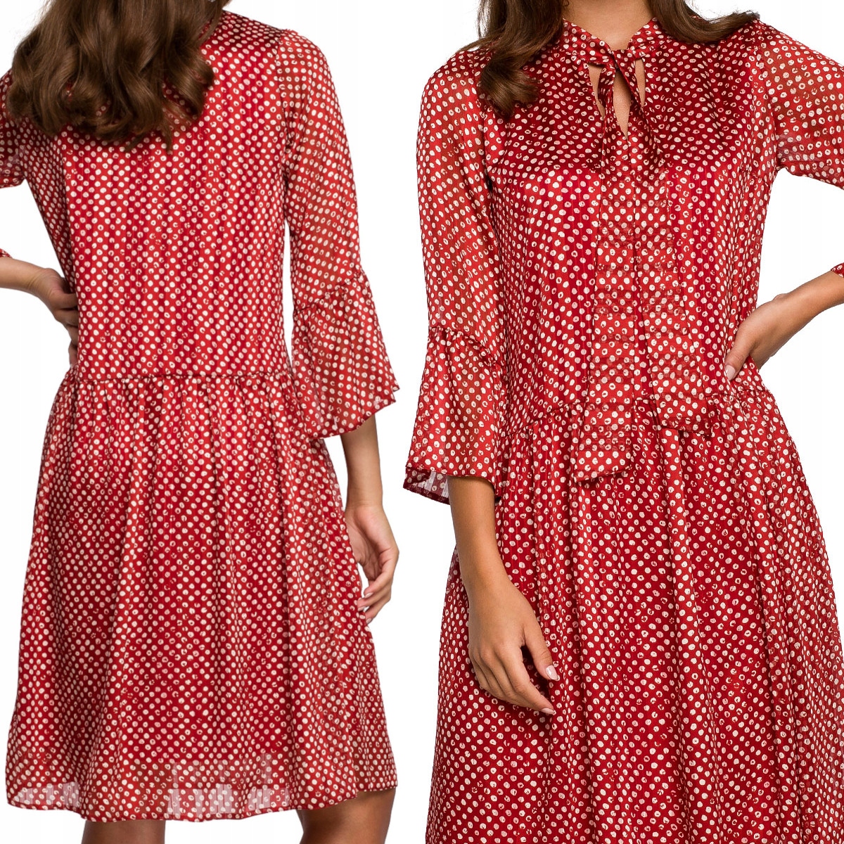 KOBIECA SUKIENKA NA WESELE DAMSKA SZYFONOWA W GROSZKI CZERWONA 38 M