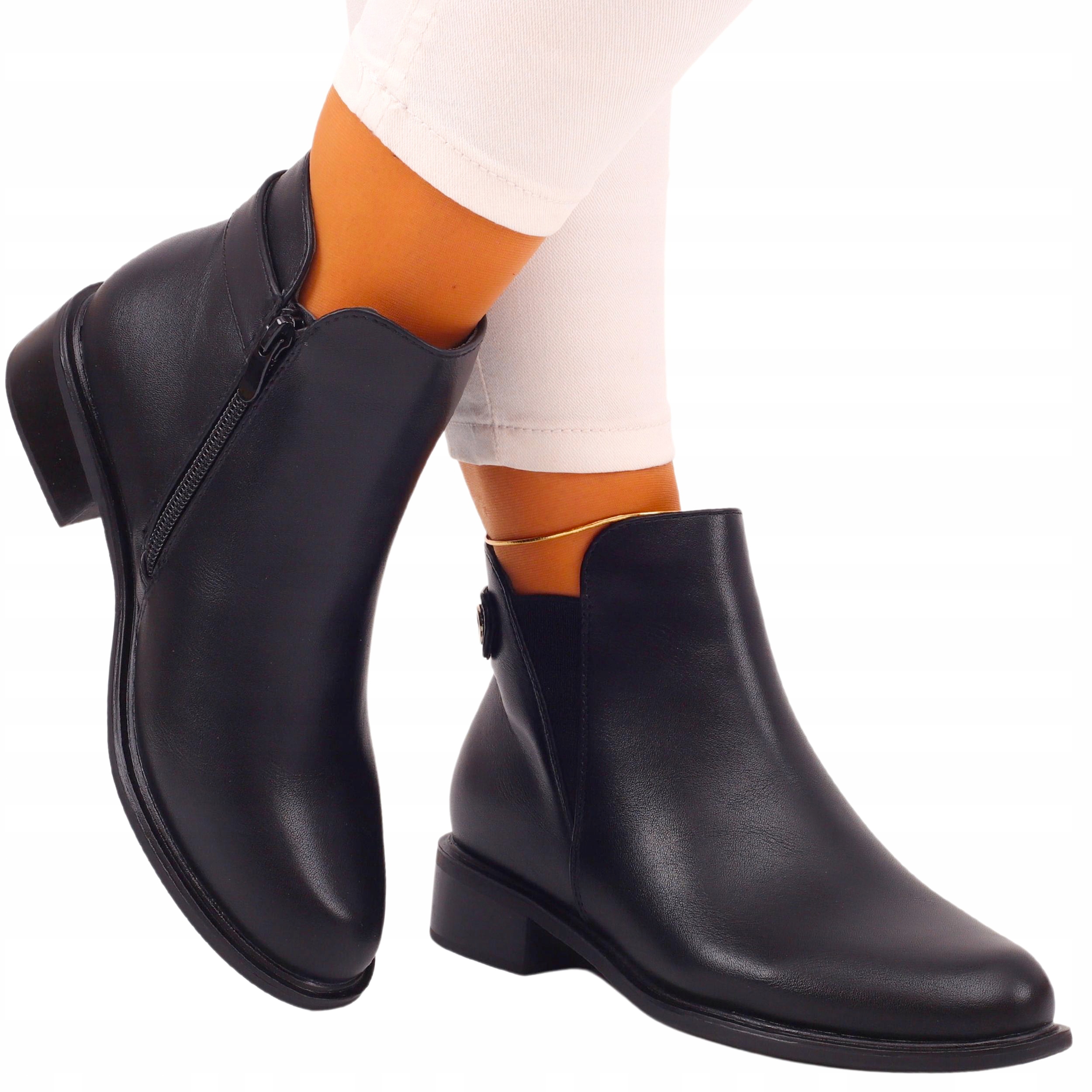 CZARNE BOTKI DAMSKIE SZTYBLETY SKÓRA BUTY PŁASKIE Marka inna