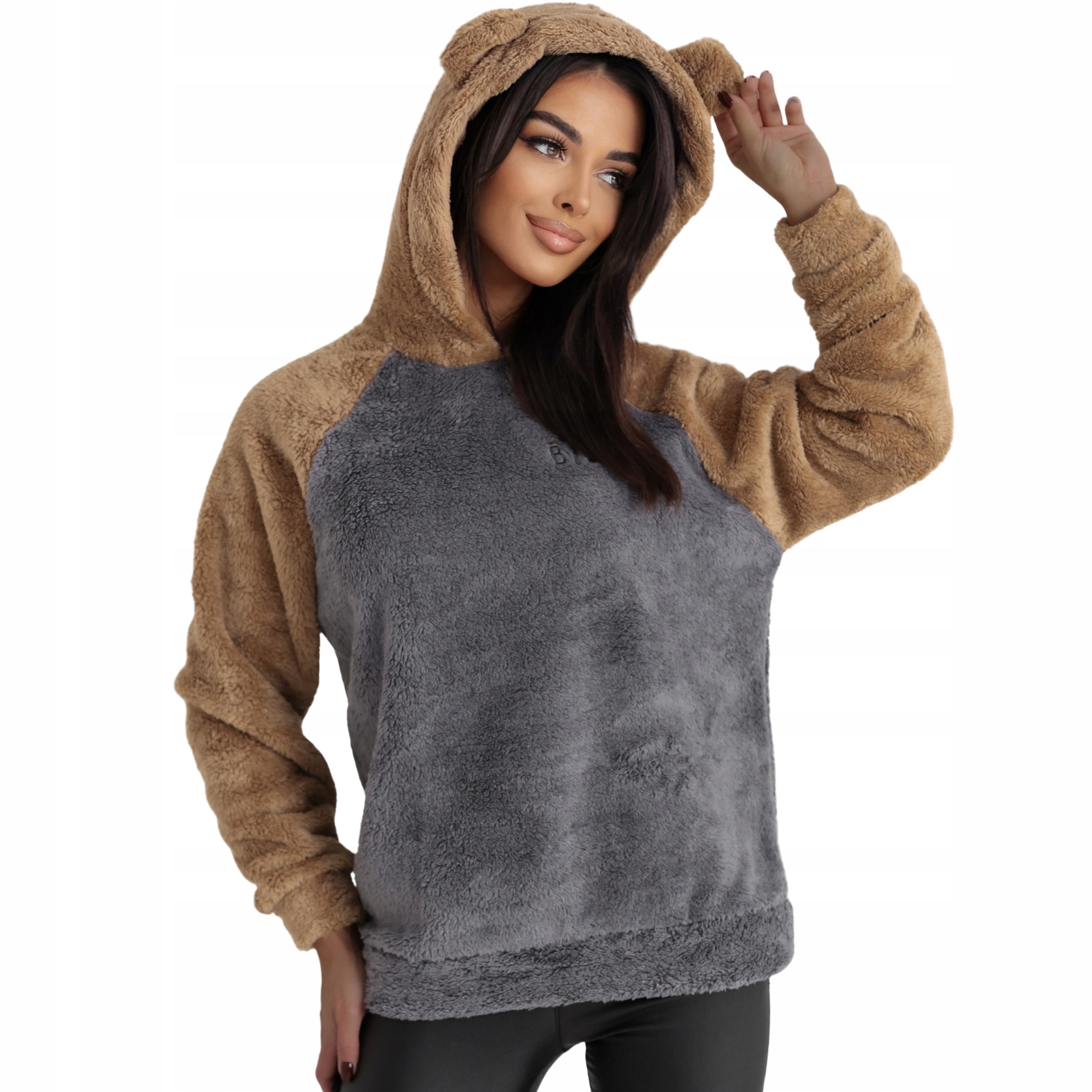 Dámská Mikina s kapucí sherpa fleecu, kontrastní šedohnědá, velikost M/L