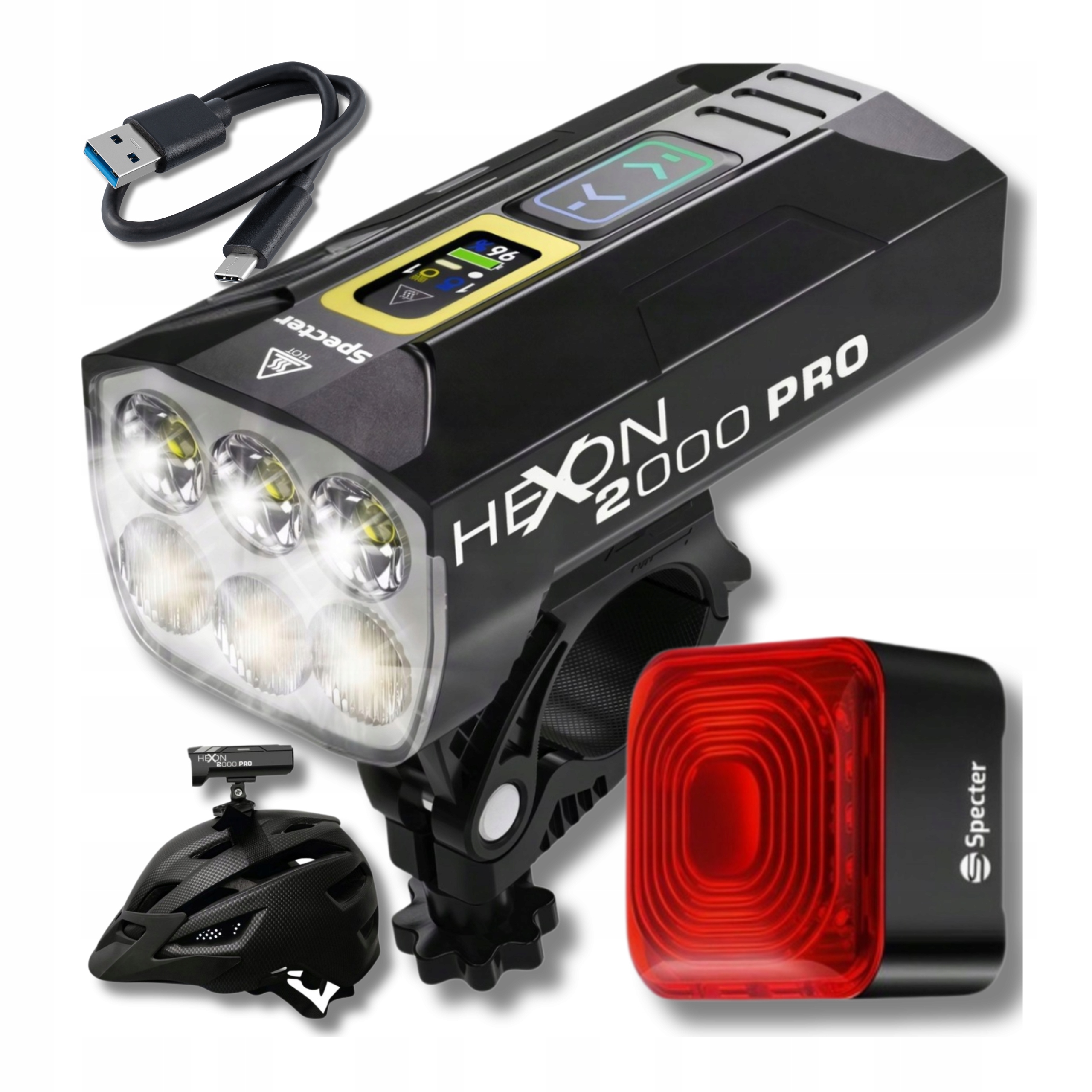 Lampki Rowerowe Zestaw Hexon 2000LM Pro EYE07 Led Usb Przód Tył Mocne