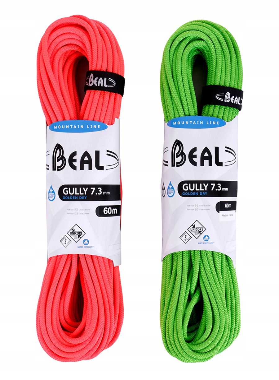 Dvojité lano Beal Gully 7,3 mm 60 m Unicore Golden Dry x 2 oranžová/zelená