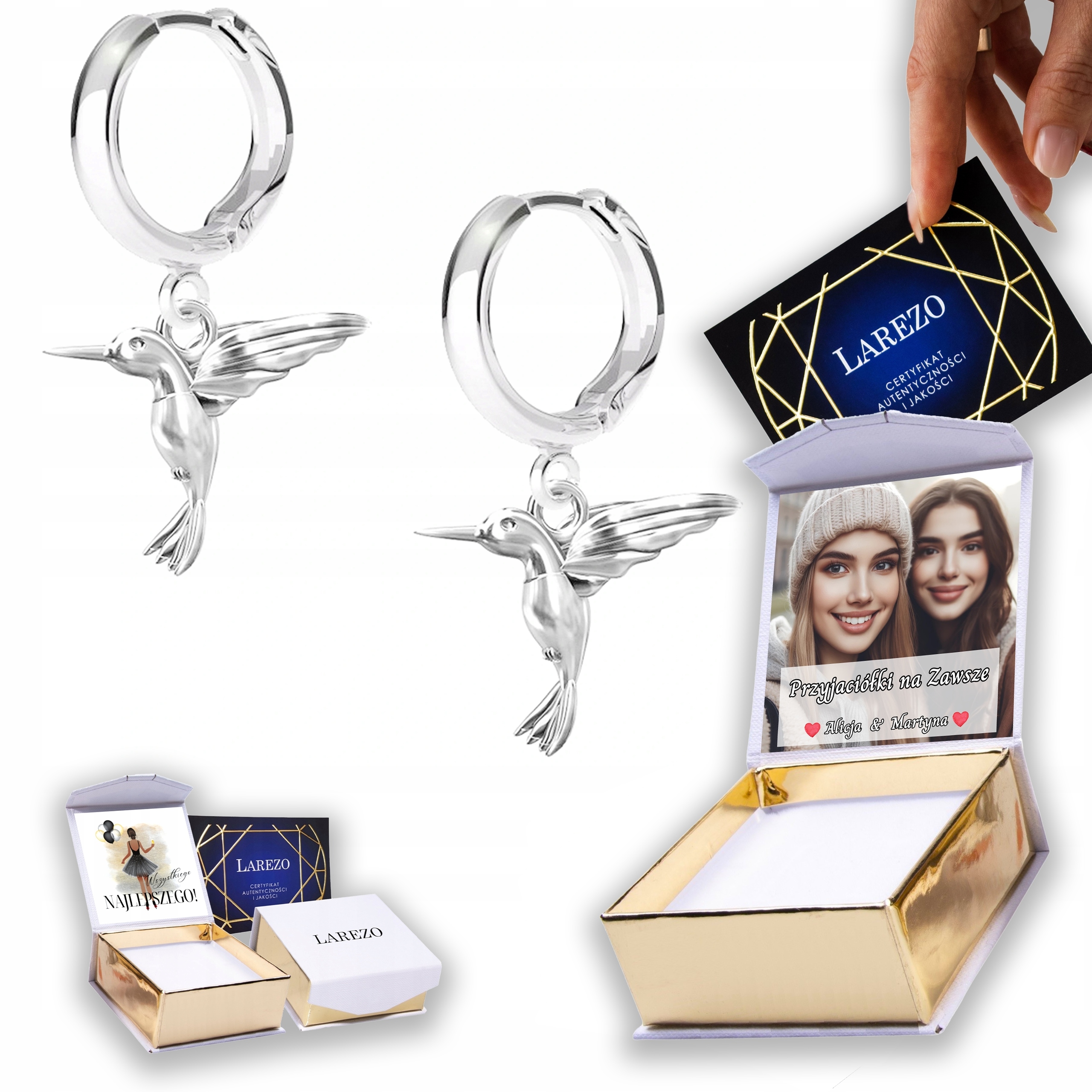 Stříbrné Náušnice 925 Ptáci Kolibříci Vlaštovky s kolibříky Vlaštovkami Potisk