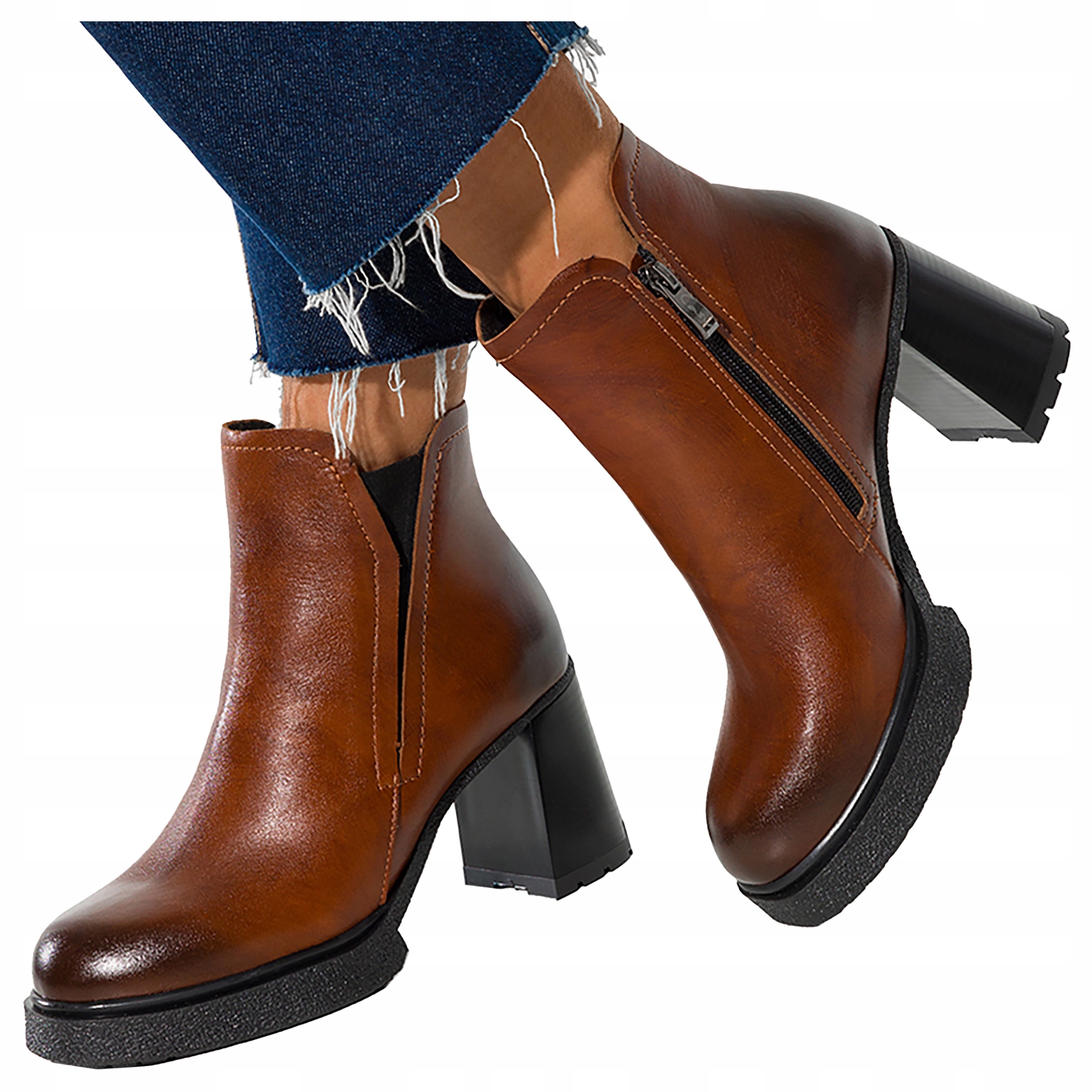 Kožené dámské kotníkové boty Hnědé Široké Klocek Platforma Produkt Polský vel. 39