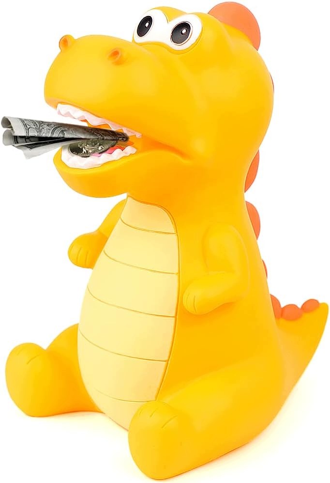 Skarbonka dinozaur dla dzieci, żółta siedząca, jedząca monety, Pcv 21,5 cm
