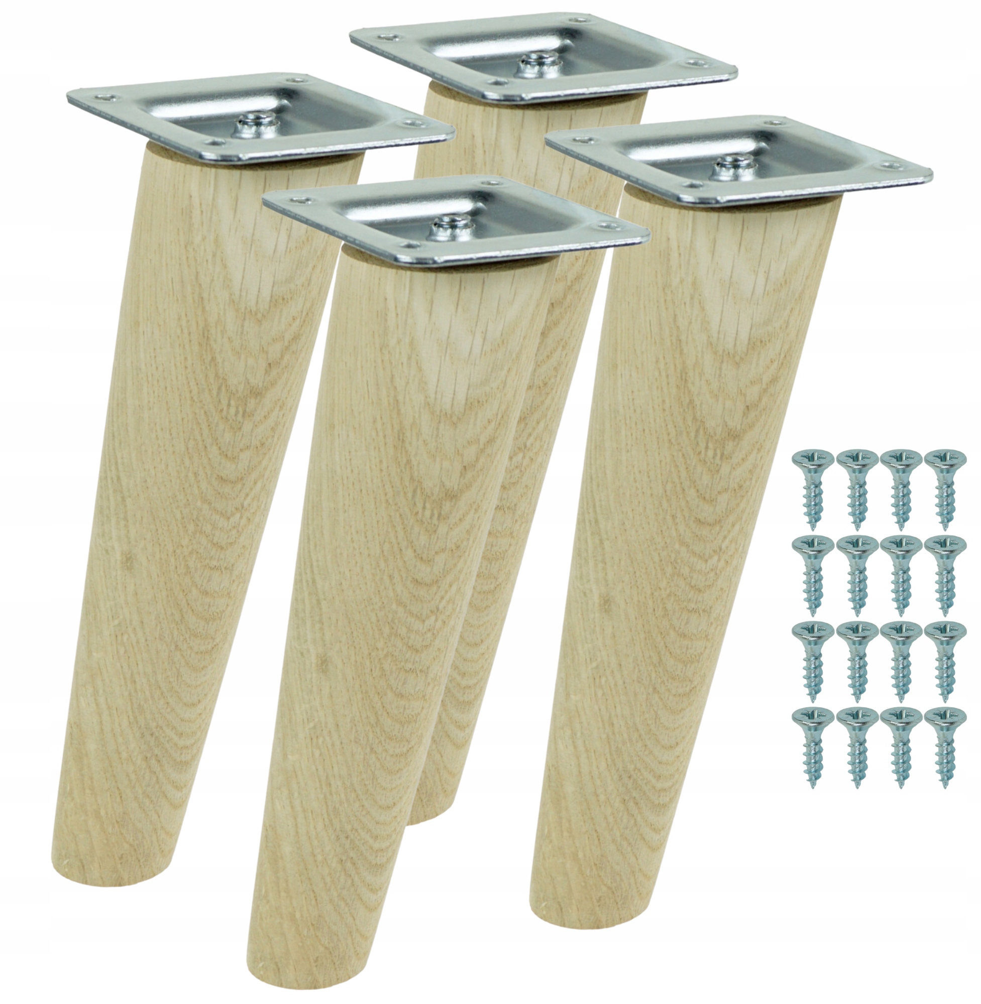 Dřevěné nohy 20 cm, dubové šikmé nohy, surová sada s plechem a vruty