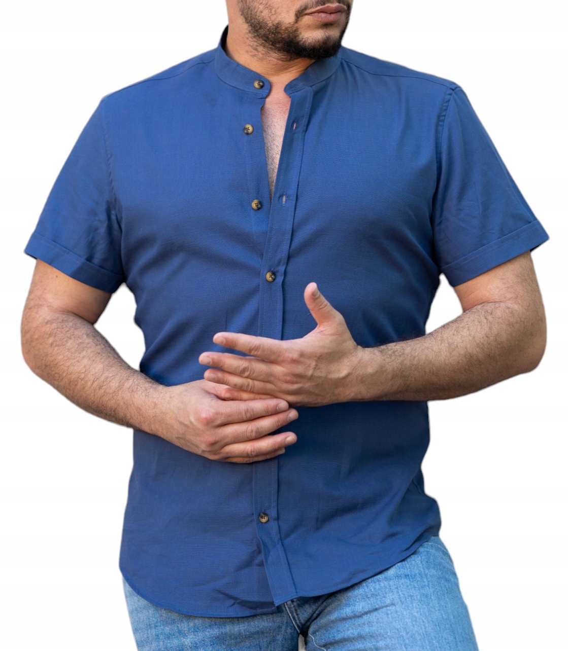 Pánská Lněná Košile Len Stojáček Casual Tmavě Modrá XXL