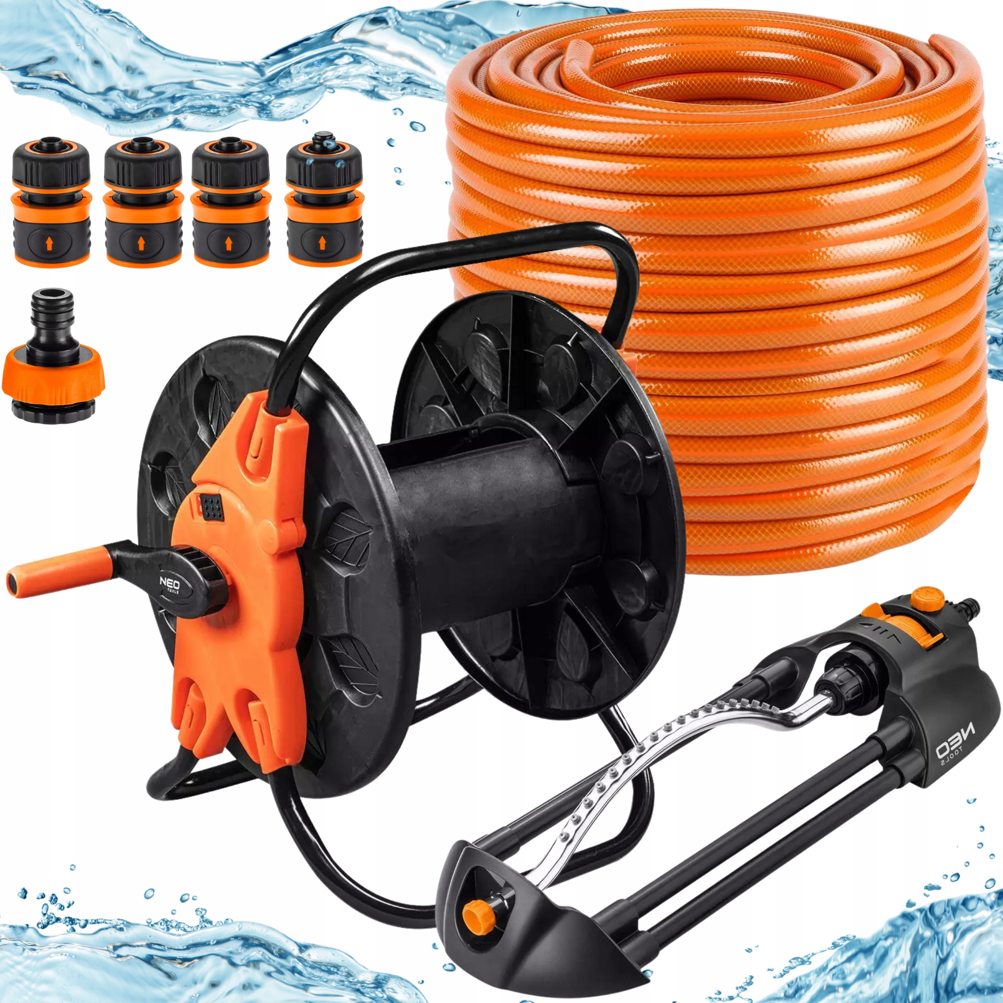 Neo Wąż Ogrodowy Mocny 50m 1/2" Bęben Stojak Zraszacz +Złączki Komplet