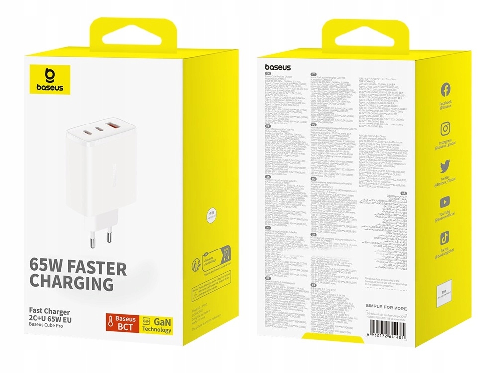 BASEUS SZYBKA ŁADOWARKA ZASILACZ 3x USB USB-C TYP-C 65W PD3.0 QC3.0 AFC SCP Prąd wyjściowy 5 mA