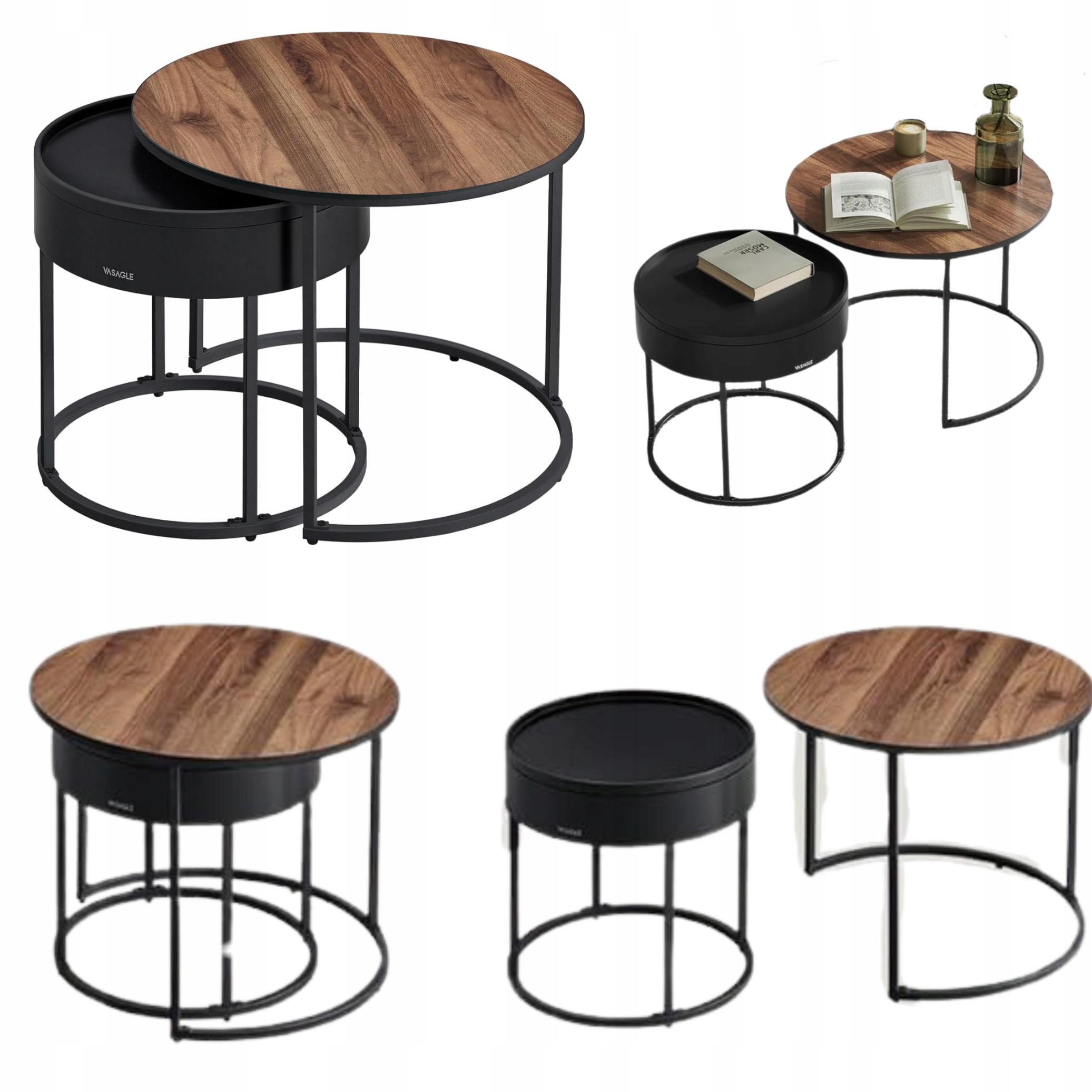 Konferenční stolky Sada 2 kulatých bočních stolků Loft Industriální černé nohy Police