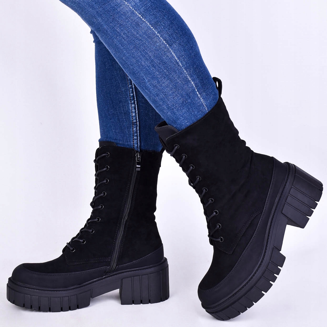 ZAMSZOWE SZNUROWANE DAMSKIE GLANY PLATFORMA Wysokość za kostkę