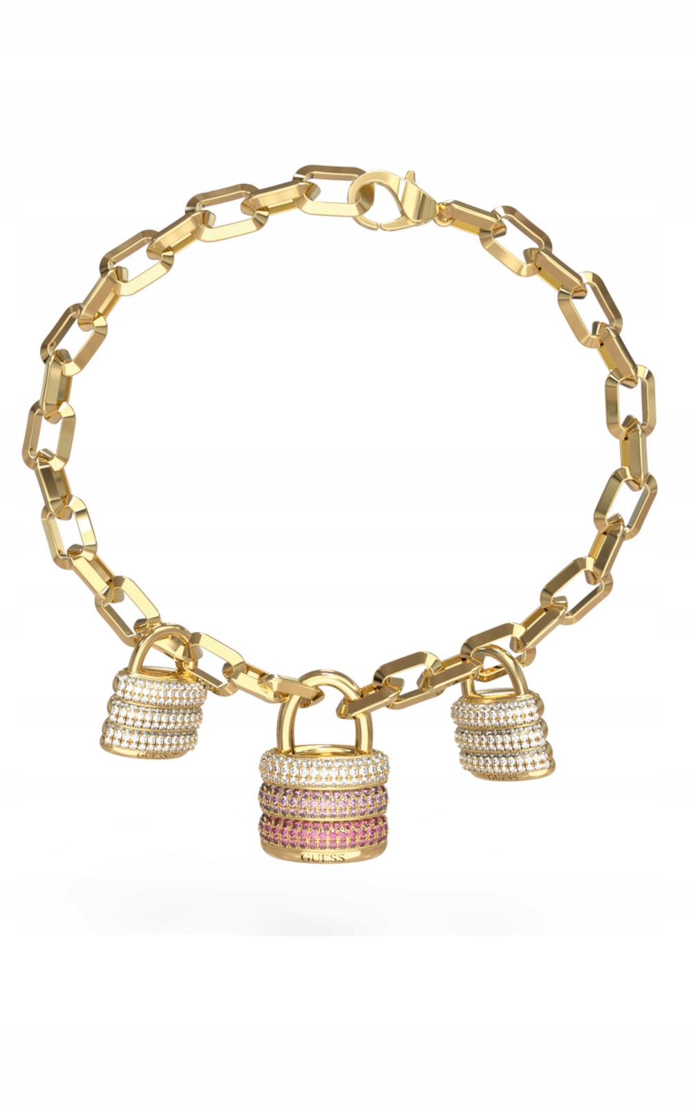 Náramek Guess My Secret Tři visací zámky Ocel pozlacený Zirkon Logo vel. S
