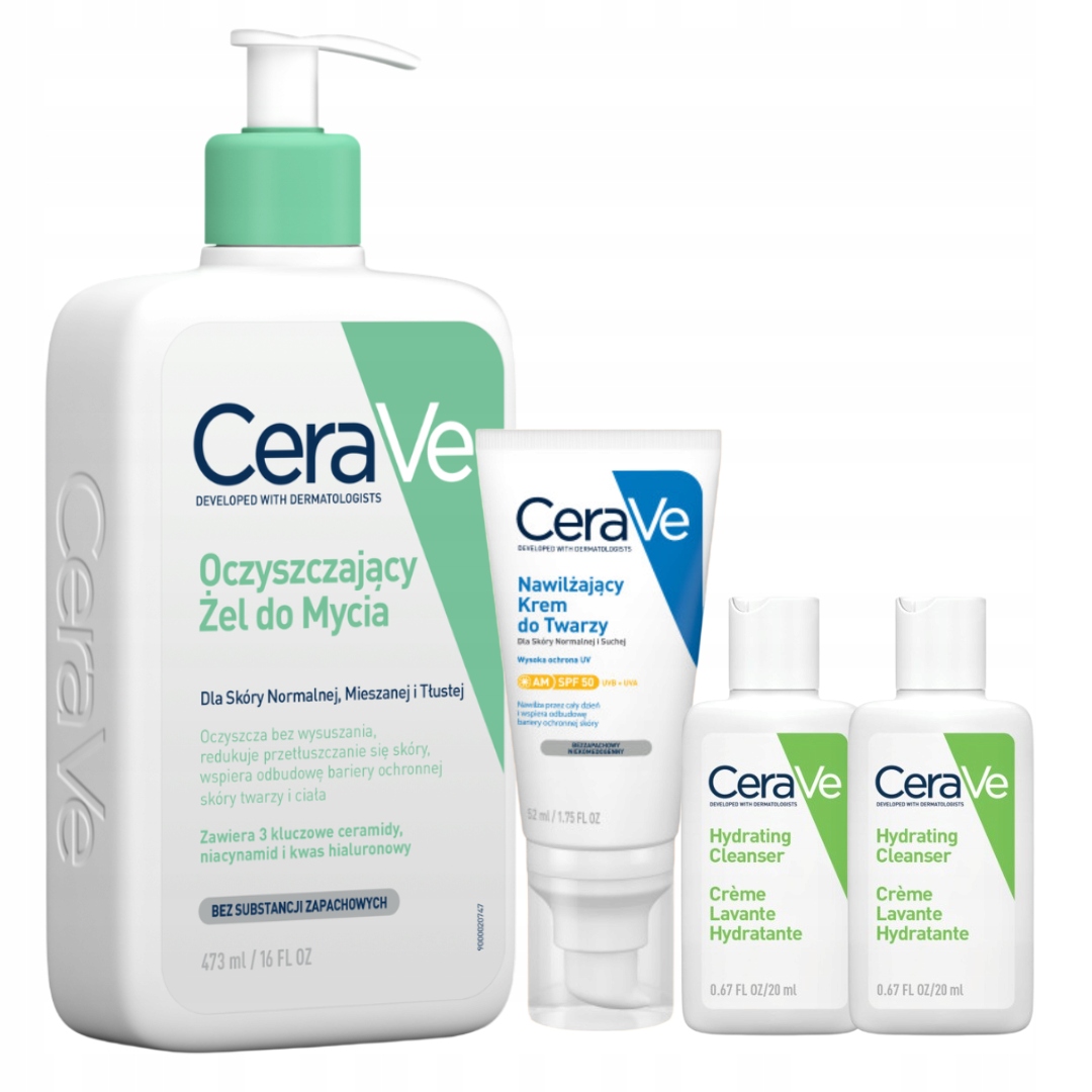 CeraVe Zestaw Nawilżający Krem do Twarzy Spf 50, Oczyszczający Żel 473ml