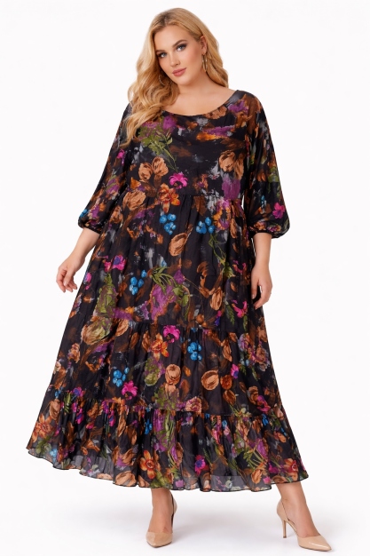 Sukienka Jedwabna Długa Włoska Kwiaty Romantyczna 50 52 5xl 6xl