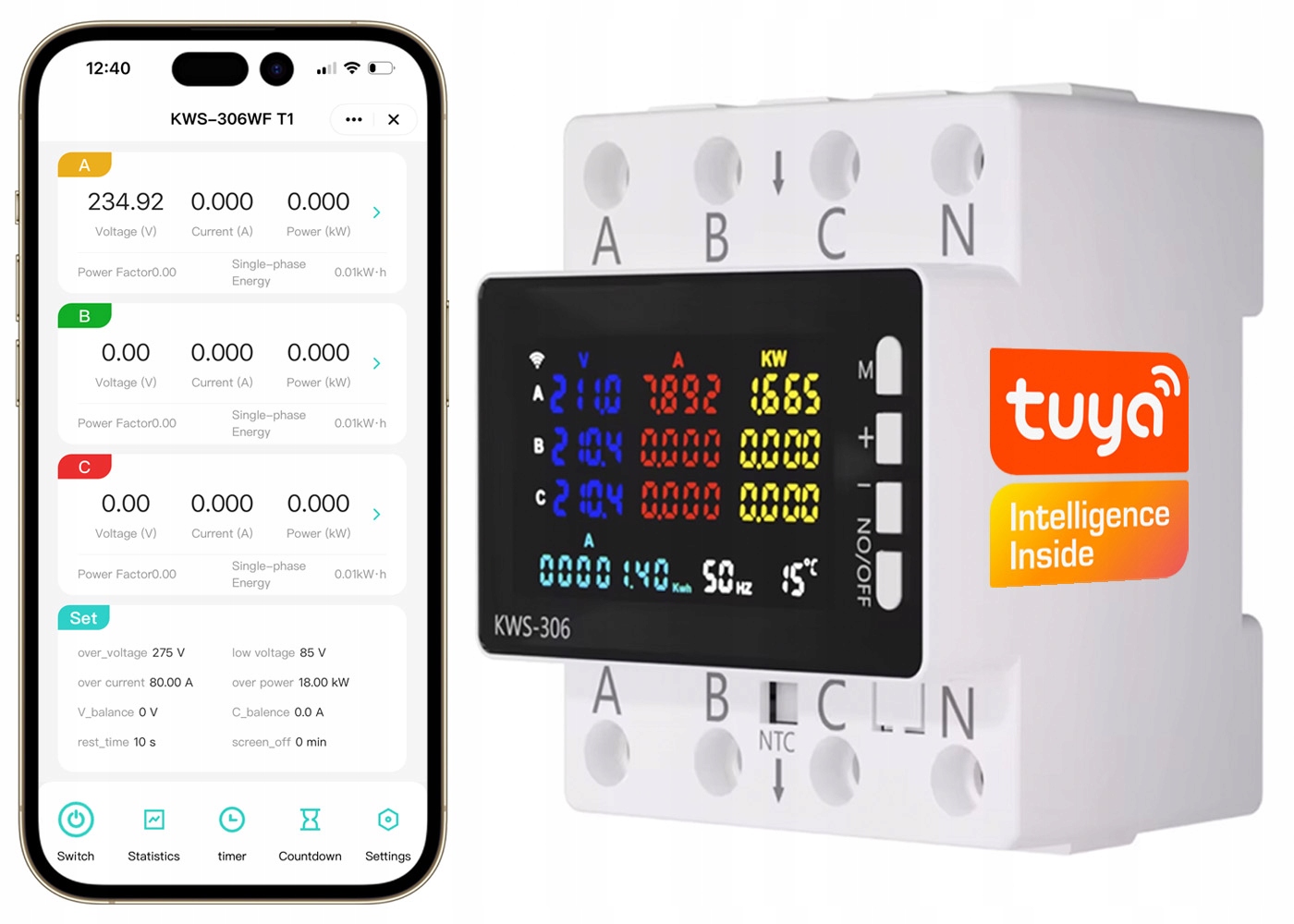 Trojfázový merač energie prúdu Wattmeter WiFi Tuya relé 80A LCD Din