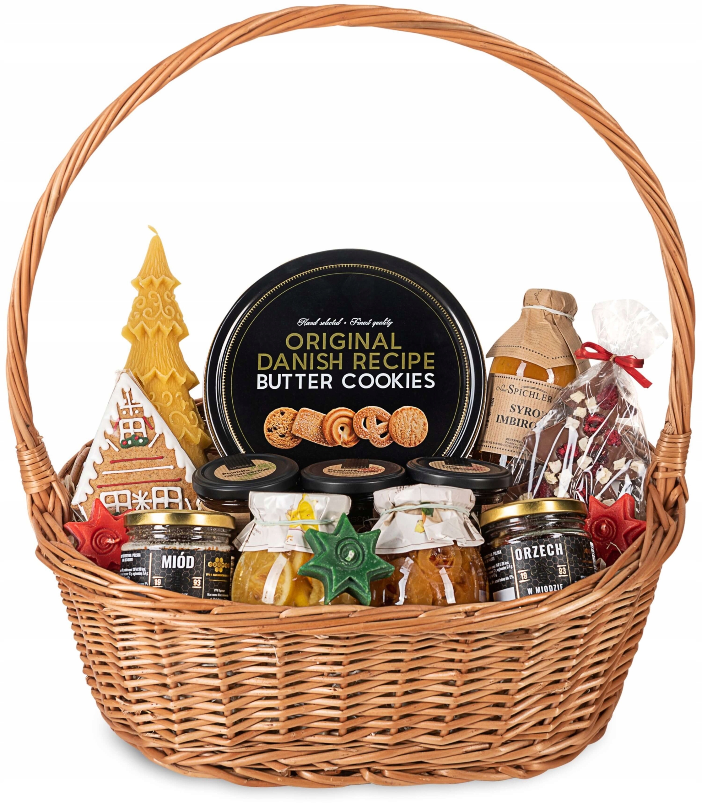 Dárek k Vánocům, velký dárkový koš, vánoční svíčka, perníky, sladkosti