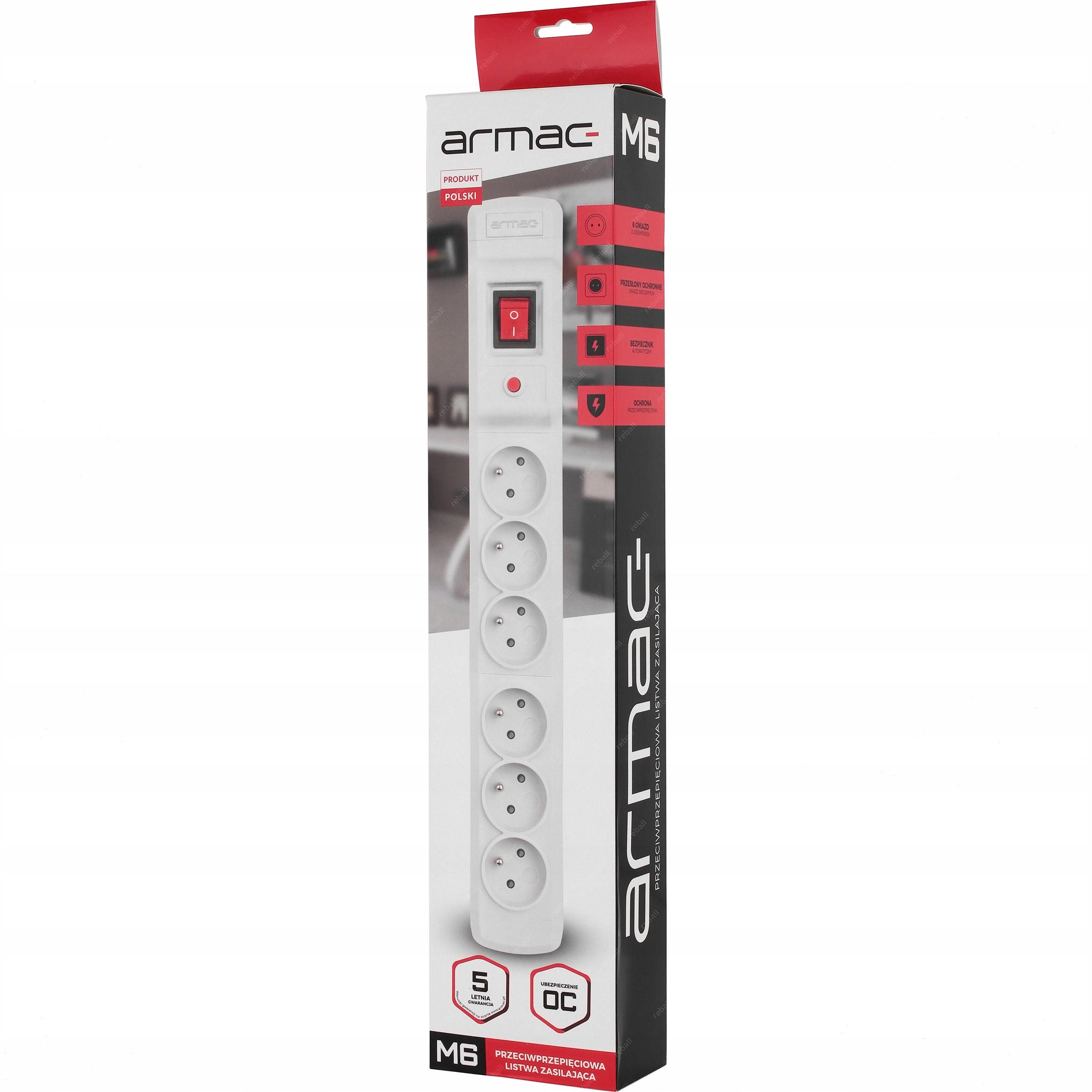 PRZEDŁUŻACZ LISTWA ZASILAJĄCA ANTYPRZEPIĘCIOWA 6 GNIAZD ARMAC M6 2500W 1,5m Marka Reball