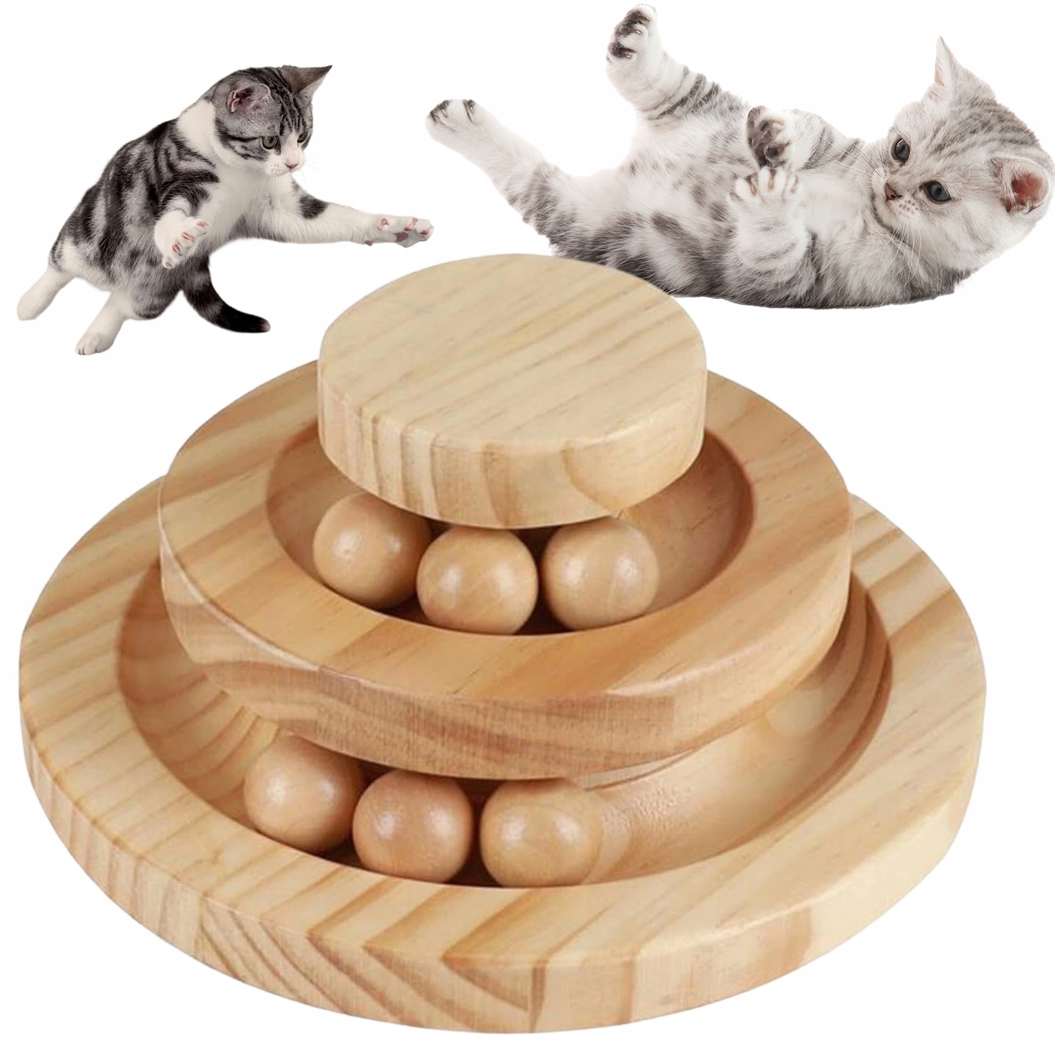 Levně Interaktivní Dřevěná Věž Hračka Pro Kočky 3-ÚROVŇOVÝ Gramofon Míčku