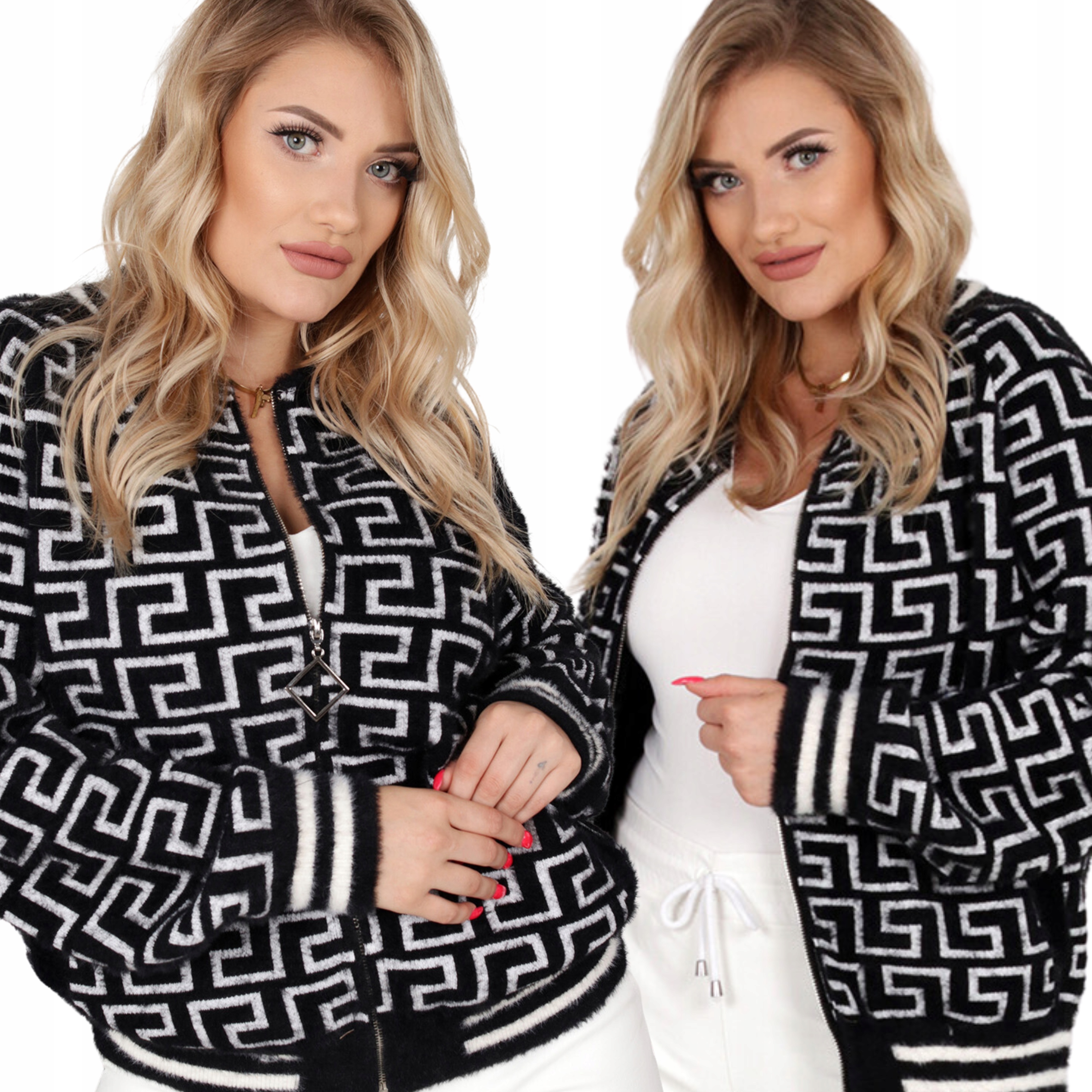 Alpaka Sweter Bluza Damska Kobieca Modna Zamek Czarno-biała 2176