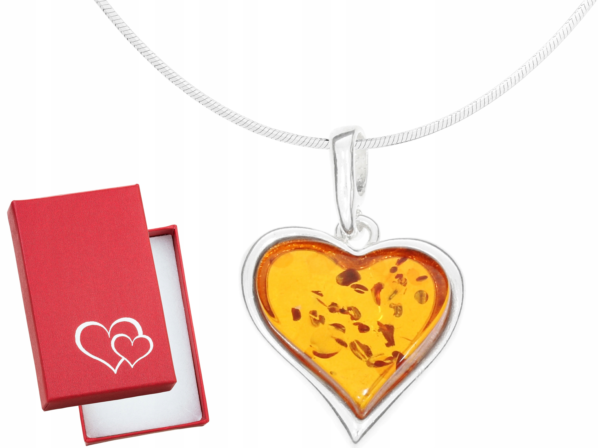 Krátký stříbrný dámský náhrdelník Srdce s jantarem Srdíčko Stříbro 45 cm