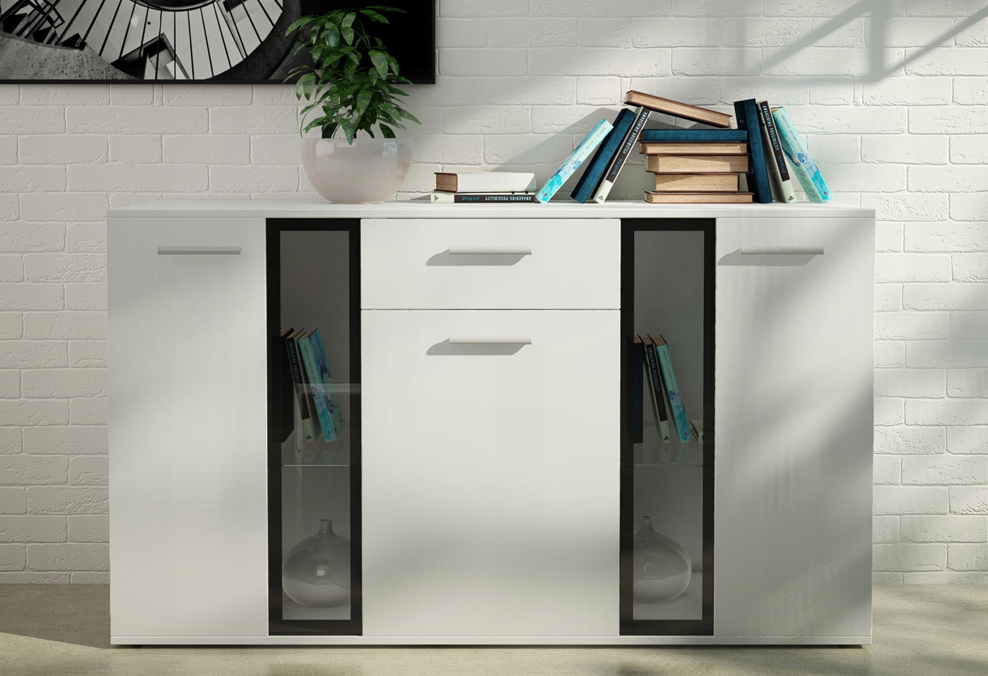 Krásná Komoda S Vitrínou, 3 Led Skříňky, Salsa Bílá