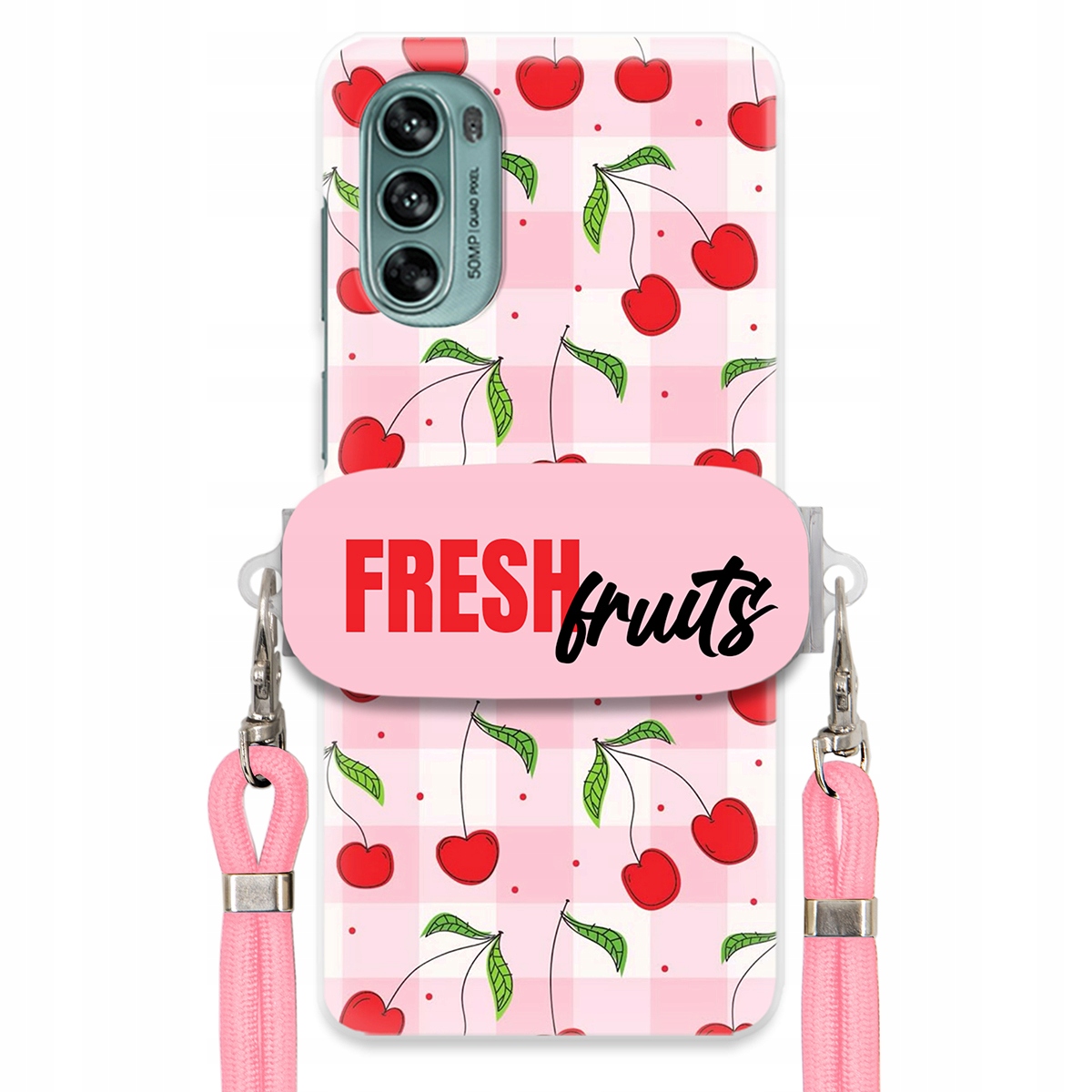 Puzdro pre Motorola G62 5G Držiak na šnúrku Ružový Fresh Fruits Mriežka