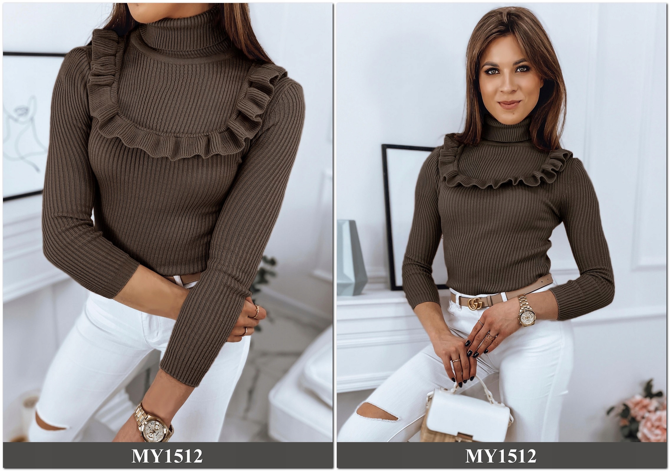 PRĄŻKOWANY SWETER DAMSKI GOLF KOLORY ox127 UNI Rękaw długi rękaw