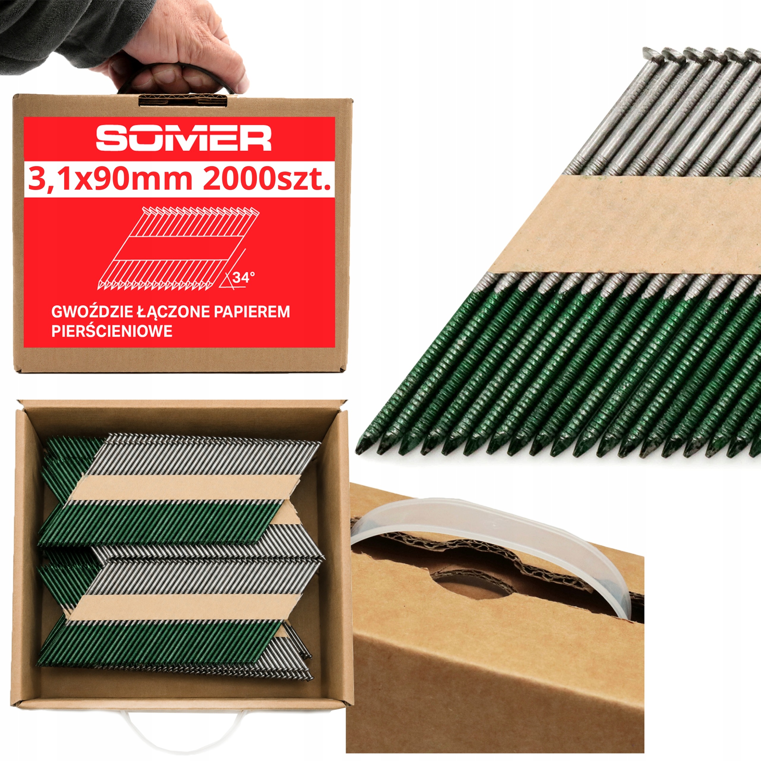 Hřebíky do hřebíkovaček kroužkové 3,1x90 mm 2000 ks spojené papírem