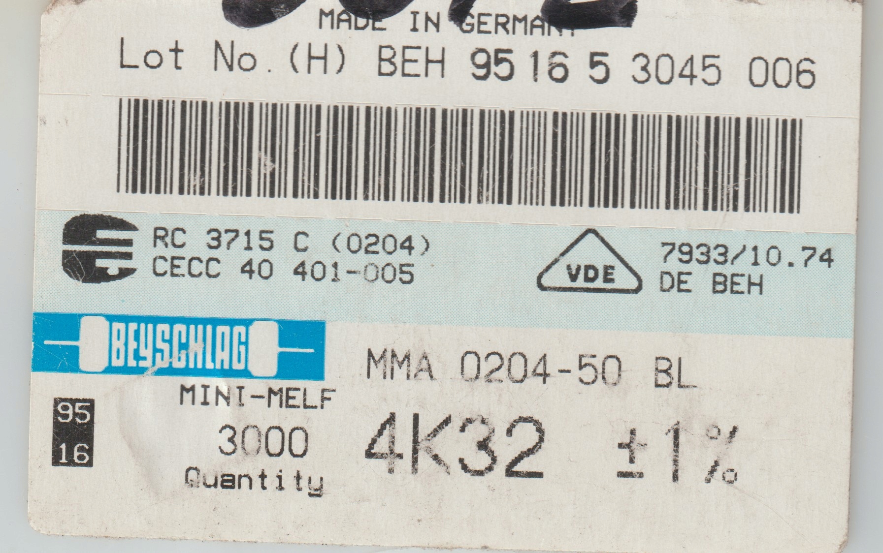 [100szt] 4K32 1% 50ppm rezystor Smd minimelf MMA0204 Beyschlag low noise