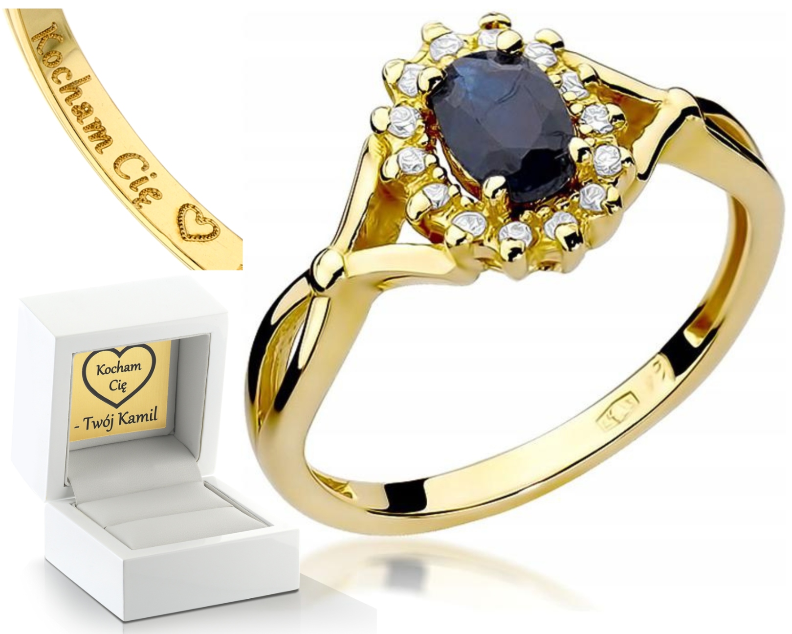 Pierścionek Szafir 0,60 Ct Brylanty Markiza 0,585